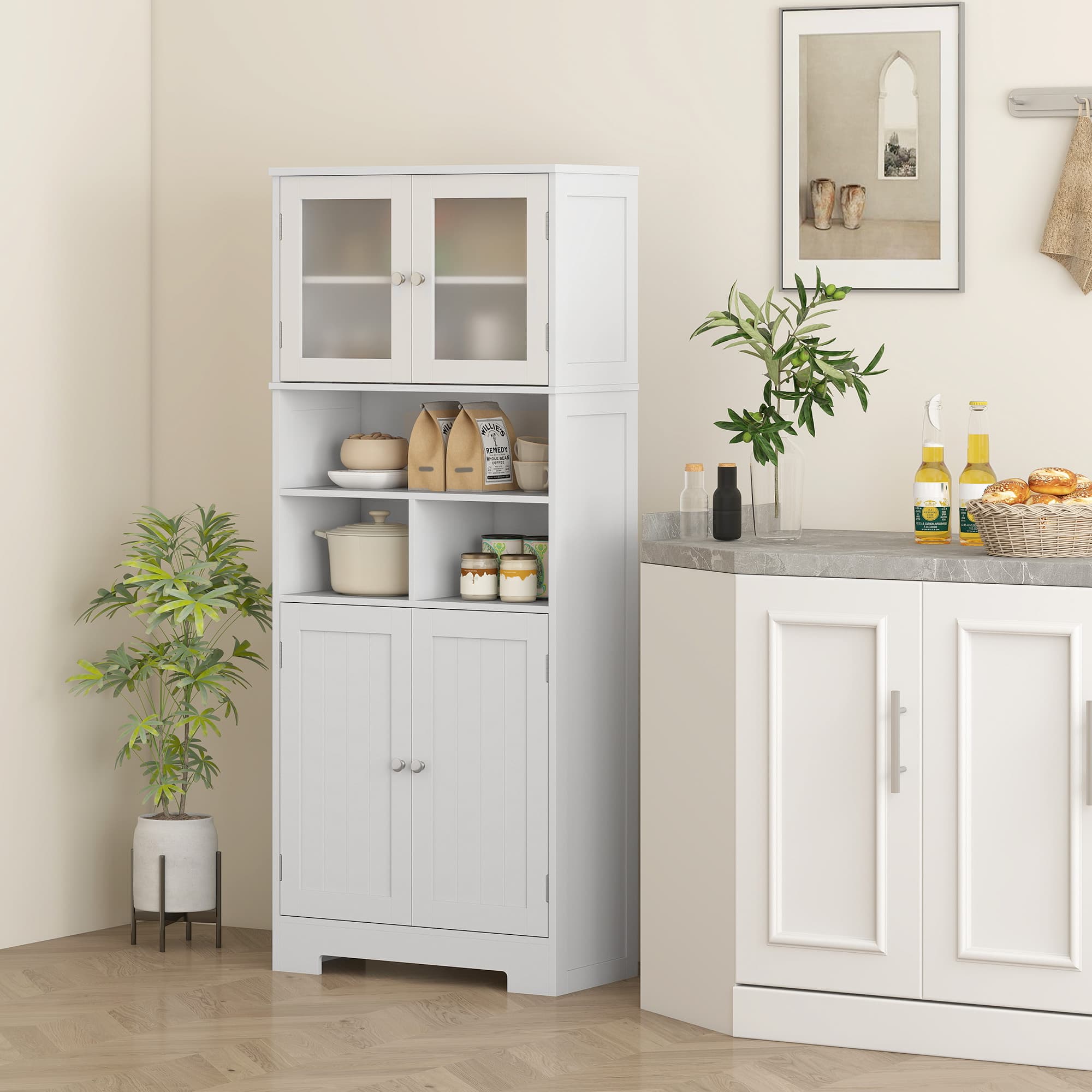 HOMCOM 57" Kitchen Pantry, Freestanding Pantry Storage Cabinet with Glass Doors, Adjustable Shelves, Open Compartments, White | Aosom Canada