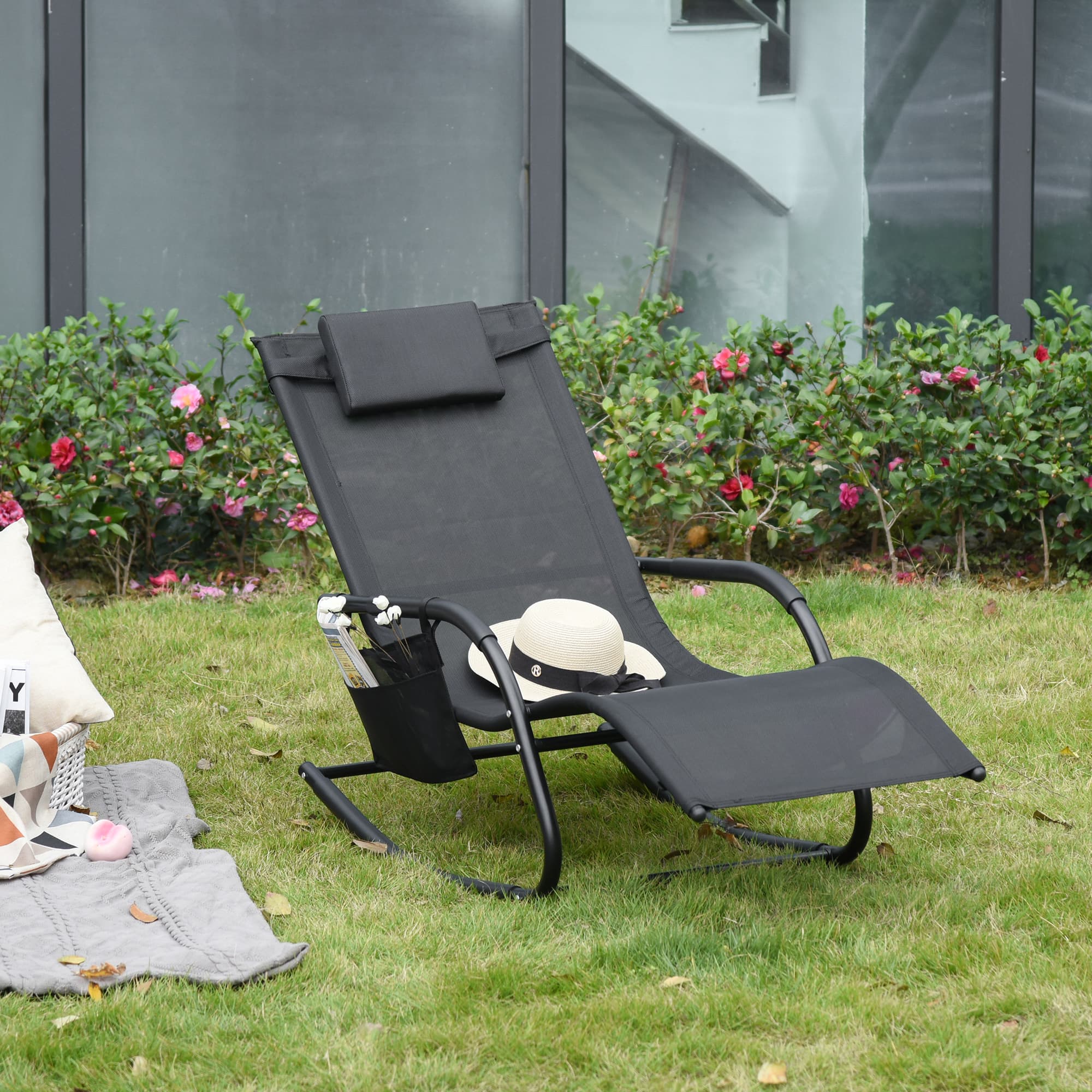 Outsunny Outdoor Rocking Recliner Sling Sun Lounger with Removable Headrest and Side Pocket for Garden Patio Deck Black | Aosom Canada