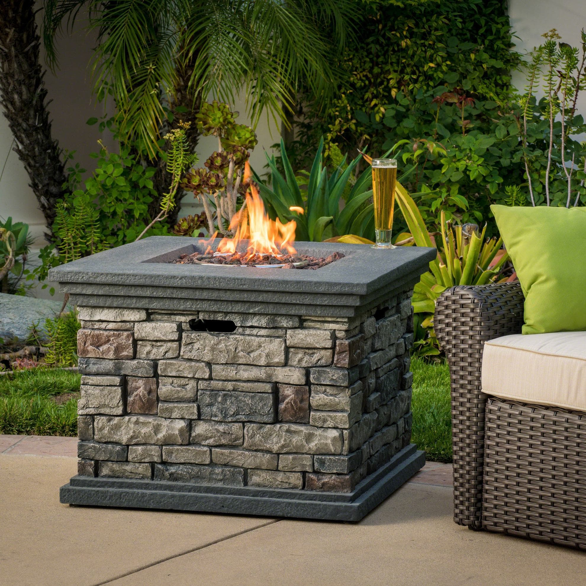 40000 BTU Stone Square MGO Fire Pit with Stylish Square Design, Fire Pit with Built-in Tank Space, 32" L x 32" W x 24" H, Stone Gray | Aosom Canada