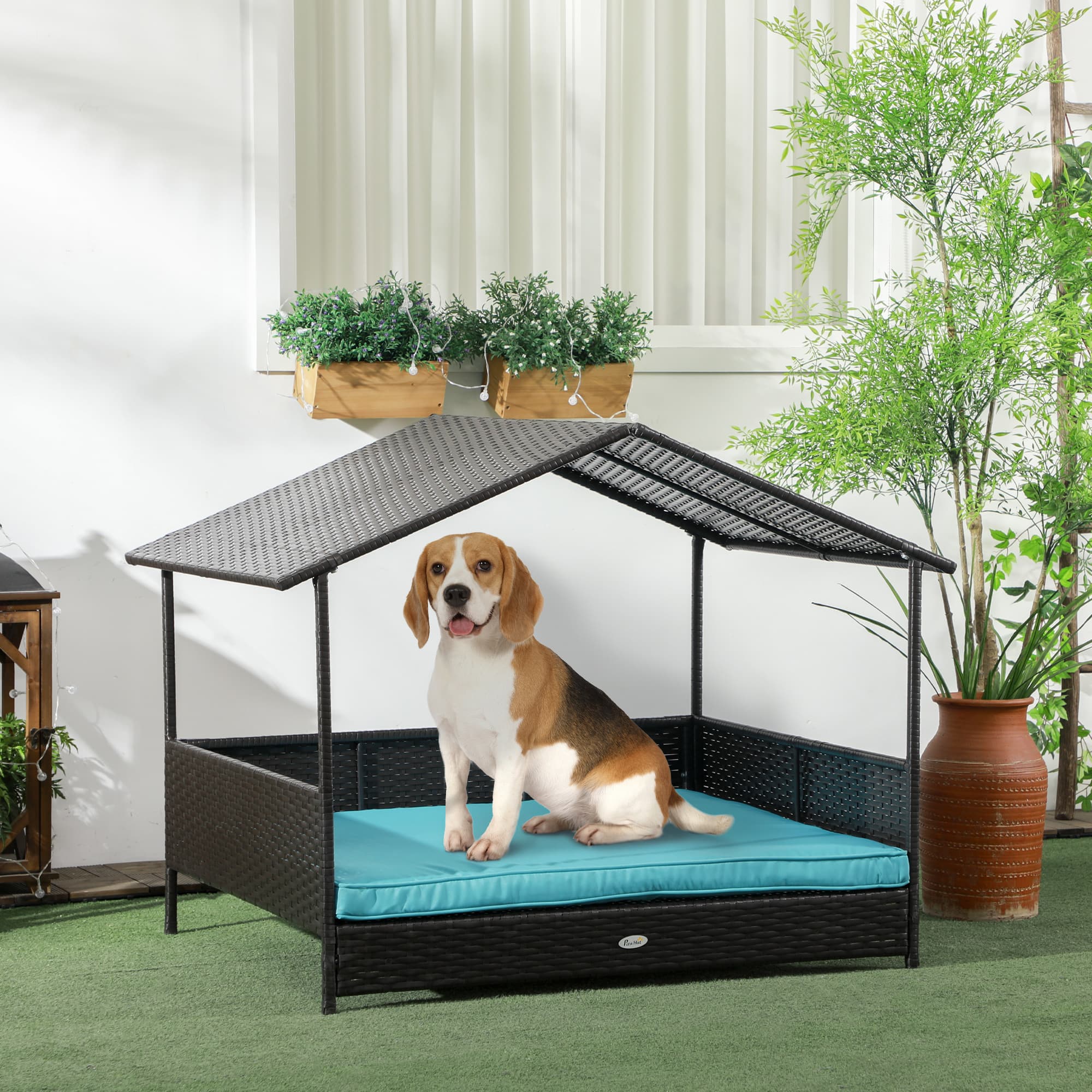 PawHut Deluxe Outdoor Dog House with Soft Cushion Wicker Dog Bed Non-slip Foot Pads Railings Medium Large Dogs Blue | Aosom Canada