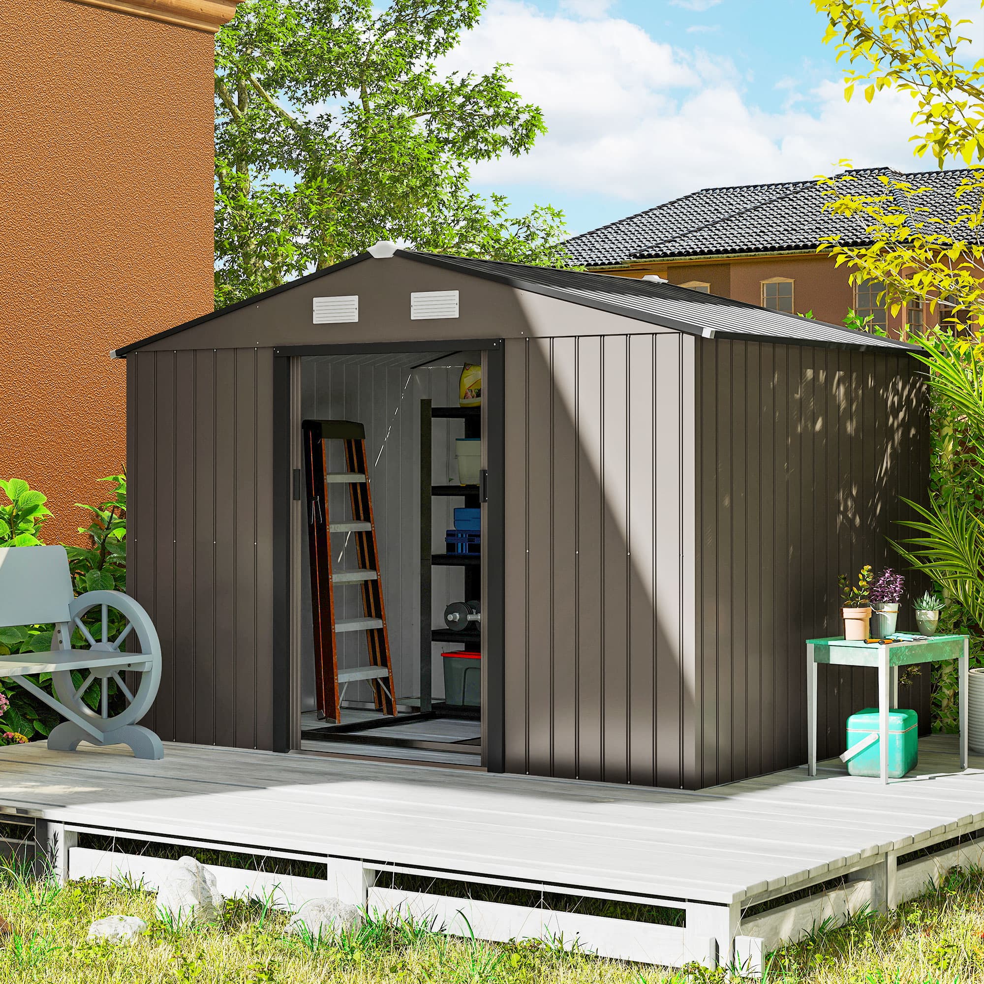 Outsunny 9.1'x6.4'x6.3' Garden Storage Shed w/ Foundation Kit Metal Tool Storage House w/ Double Doors Brown | Aosom Canada