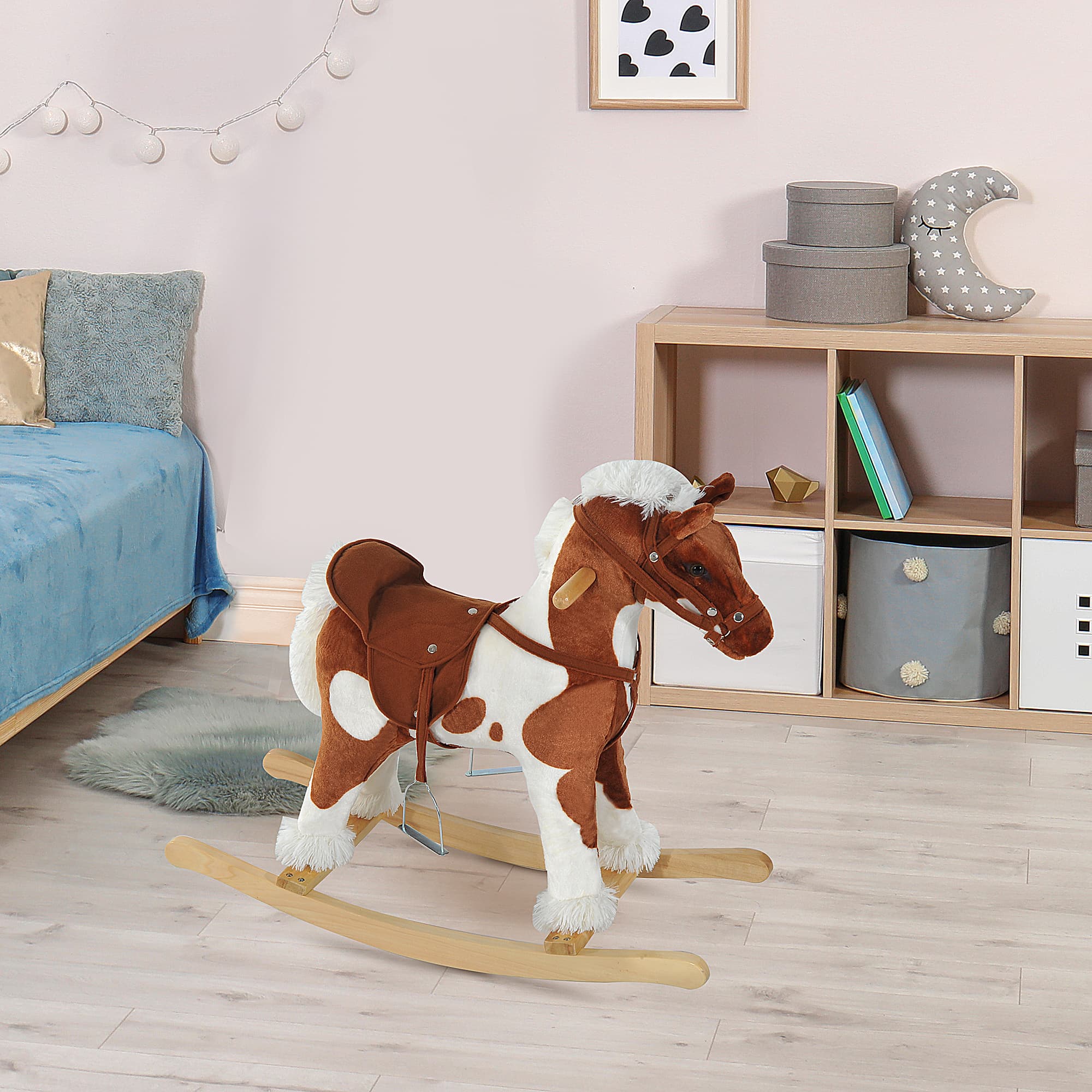Qaba Kids Metal Plush Ride-On Rocking Horse Chair Toy w/ Nursery Rhyme Music - Light Brown / White | Aosom Canada