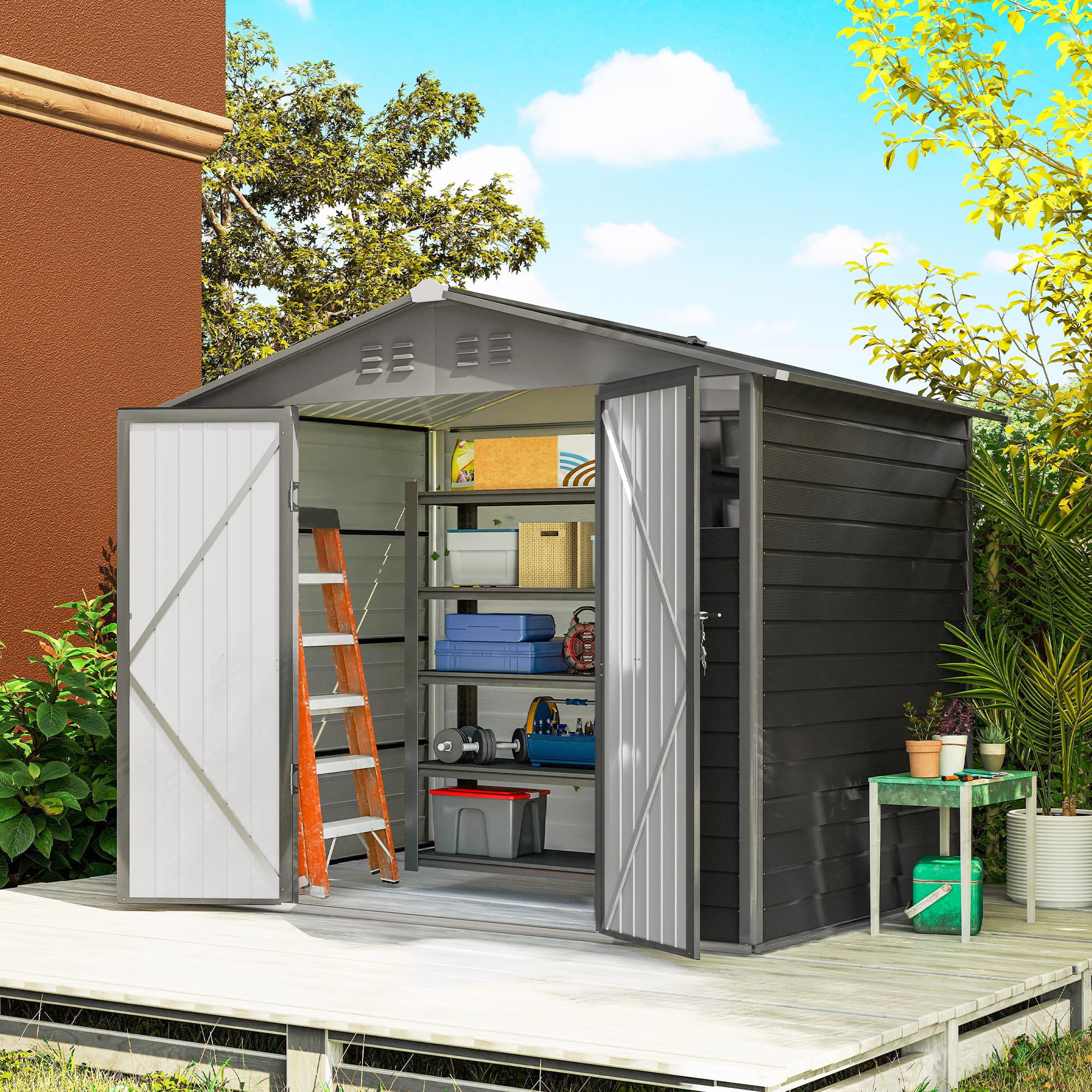 Outsunny 8' x 6' Outdoor Storage Shed, Metal Garden Shed with 2 Windows, 4 Vents, Lockable Doors and Gloves, Dark Grey | Aosom Canada