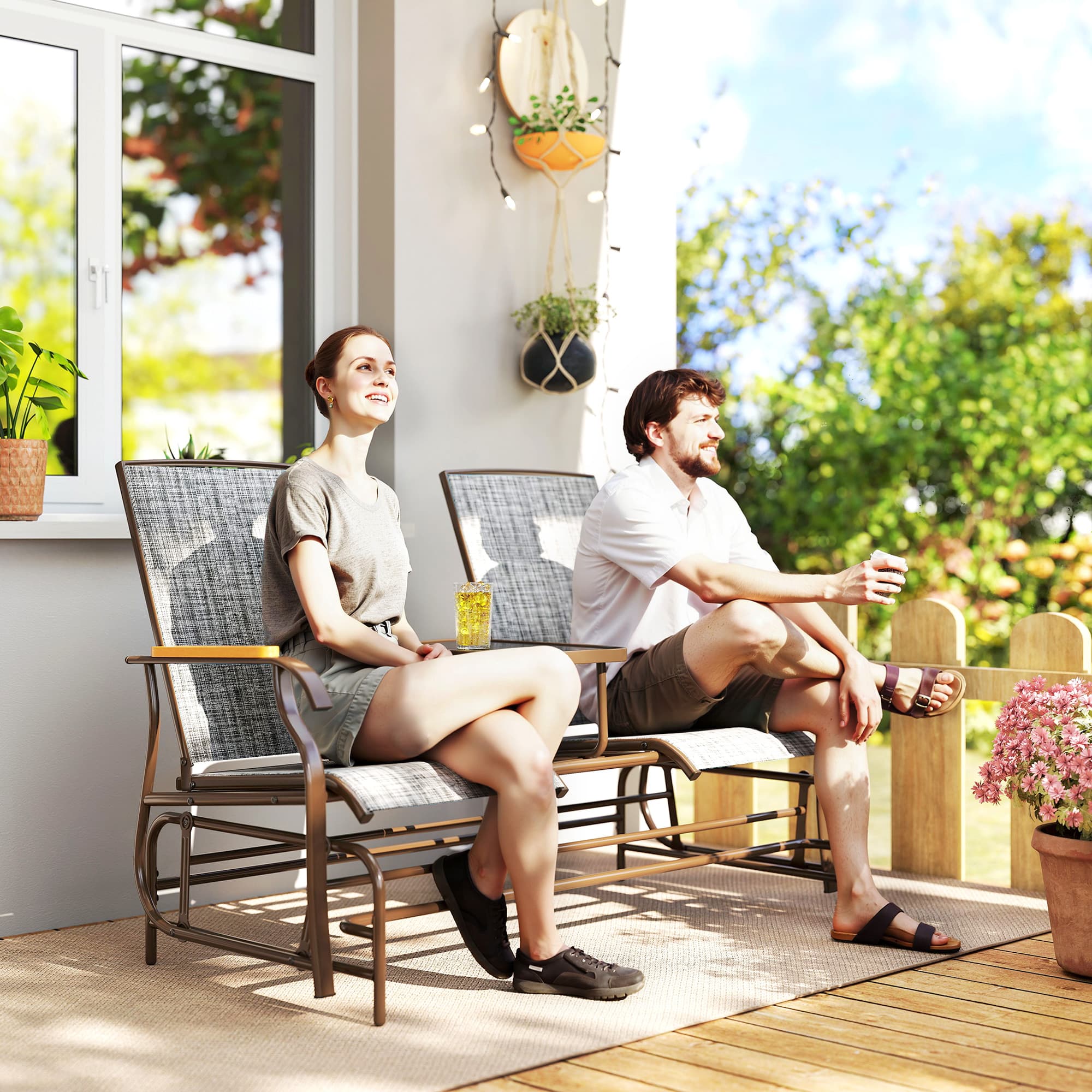 Outsunny Outdoor 2-Person Glider Bench Swing Chair Loveseat Breathable Mesh Table Steel Frame | Aosom Canada