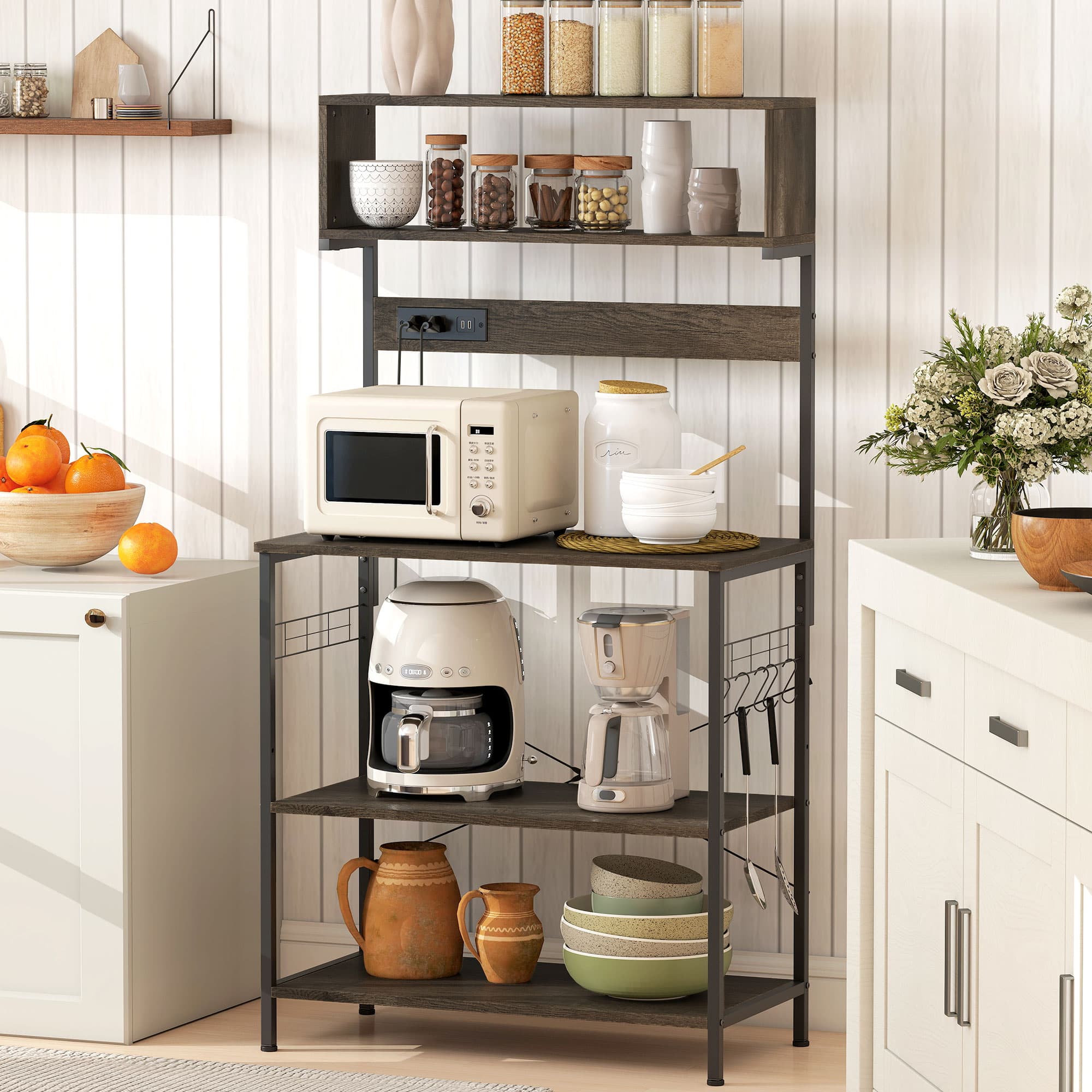 HOMCOM Baker's Rack with Charing Station, Microwave Shelf with Power Outlet, USB Charger and 5 Hooks, Distressed Grey | Aosom Canada