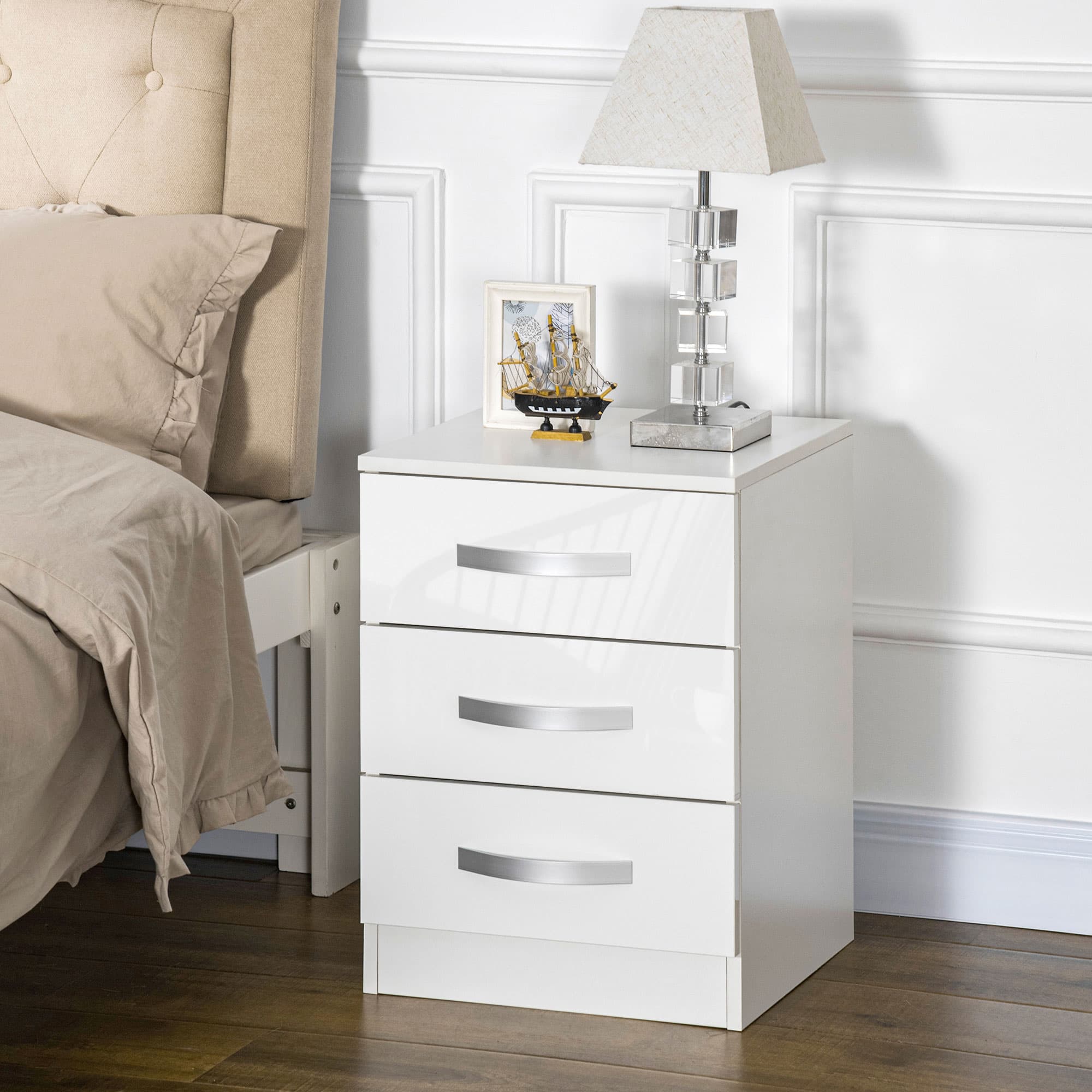 HOMCOM Chic Nightstand Duo: High-Gloss 3-Drawer Bedside Tables for Bedroom and Living Room Storage, White Elegance | Aosom Canada