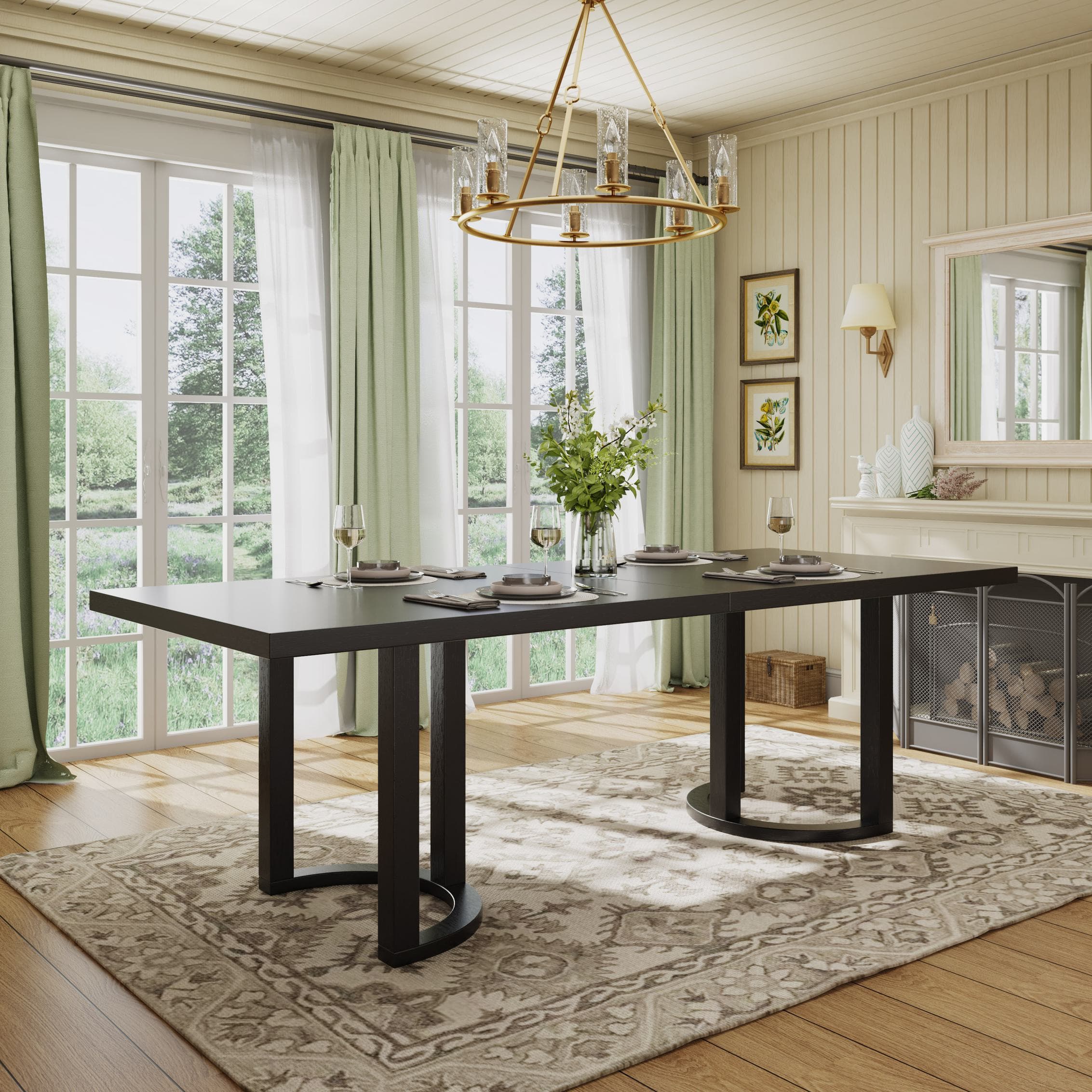 Modern Dining Table with Rectangular Surface and U-Shaped Trestle Base, Family Table Seats Up to 8 People, 95" L x 39" W x 30" H, Black | Aosom Canada