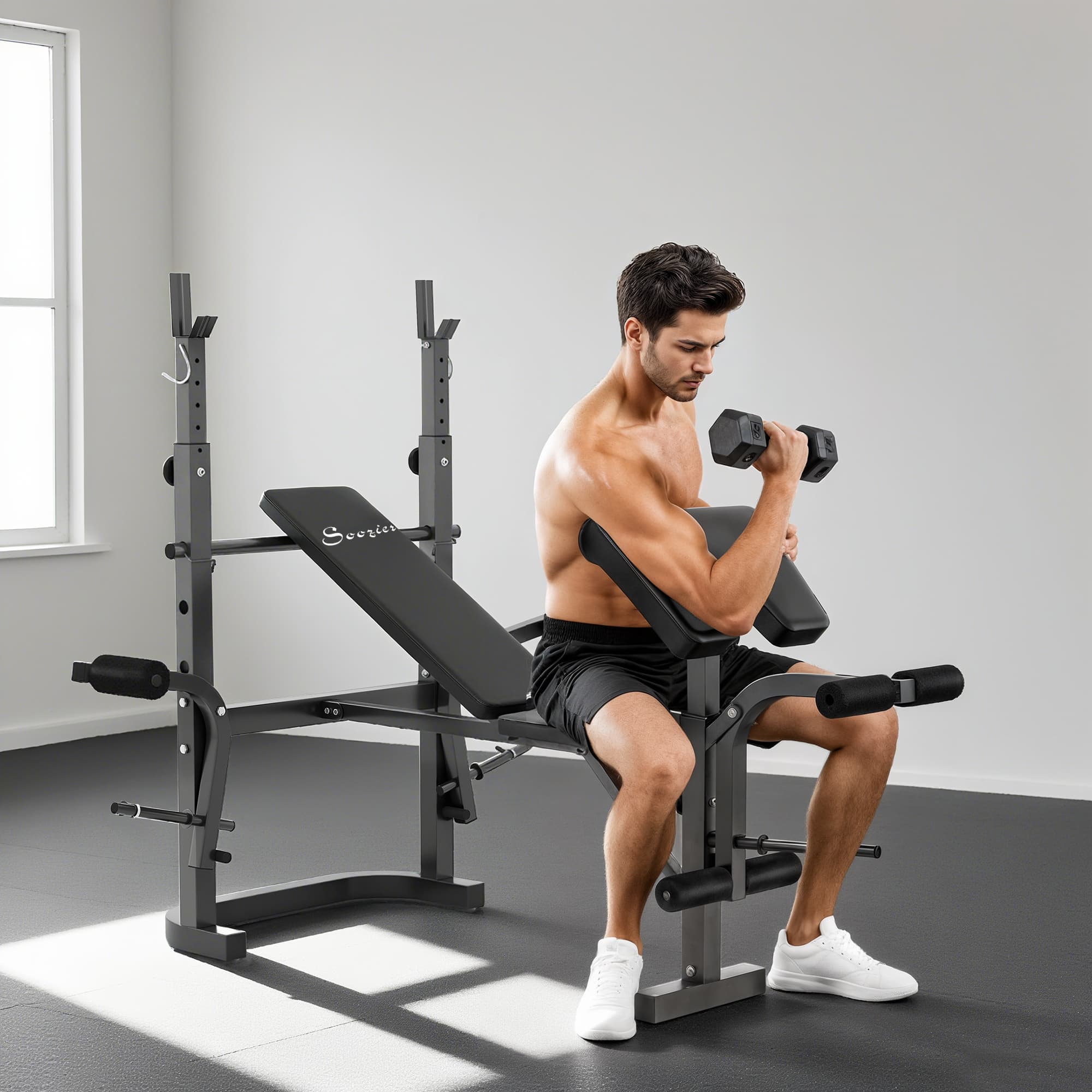 Soozier Adjustable Weight Bench with Bench Press Rack, Preacher Curl Bench, Leg Extension and Lat Pull Down | Aosom Canada