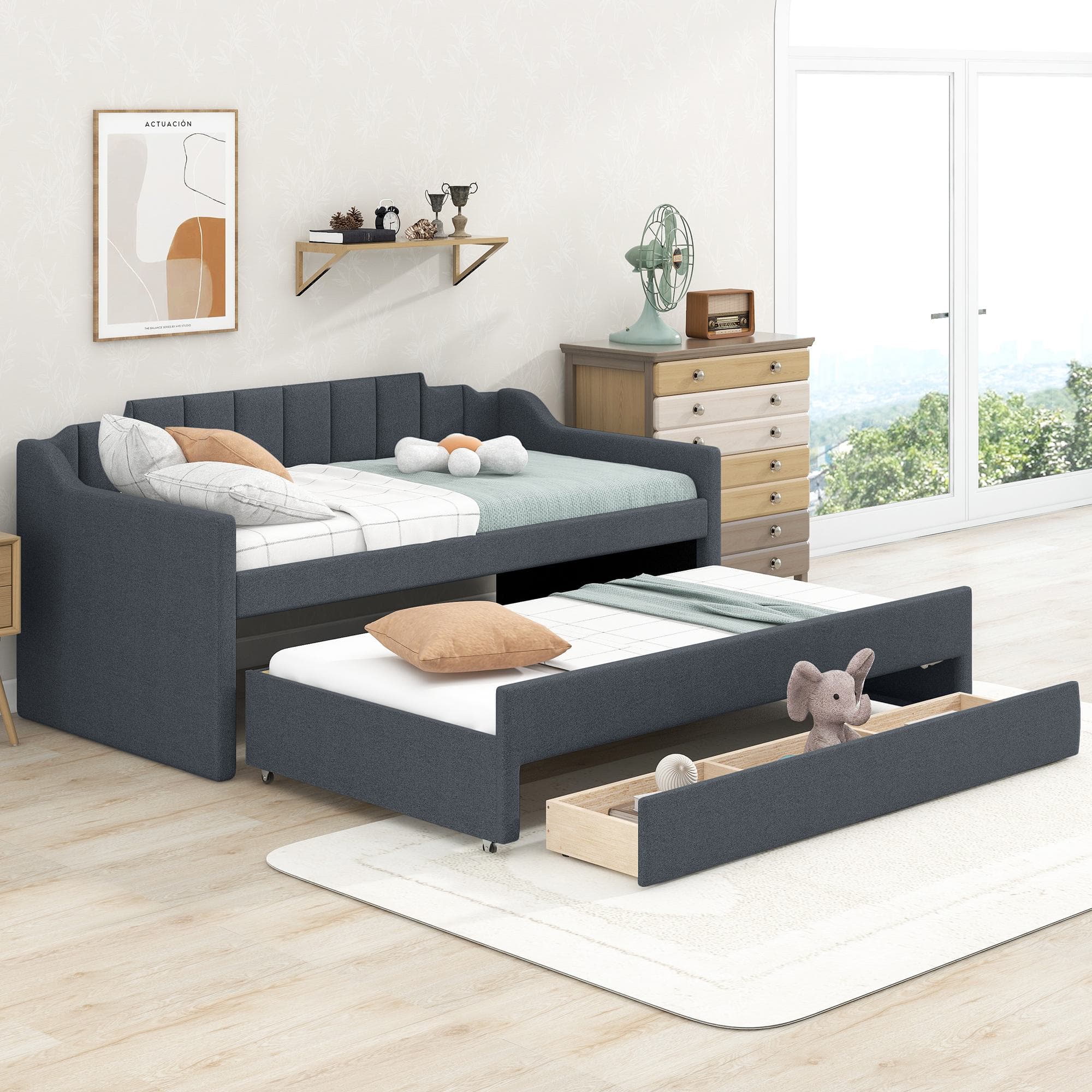 Twin Size Upholstered Daybed with Trundle and Three Drawers, Pull-out Bed for Department or Guest Rooms, 81" L x 41" W x 35.5" H, Gray | Aosom Canada