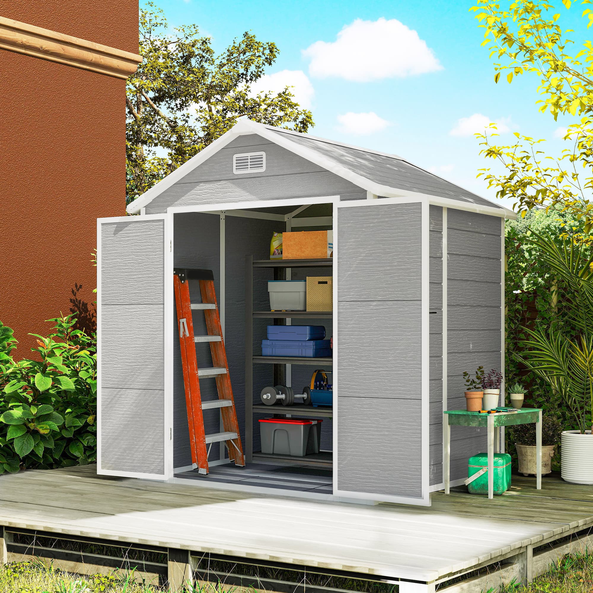 Outsunny 6' x 5' Plastic Outdoor Storage Shed, Garden Shed with Floor, Window, Lockable Doors and Vents, Wood Effect Grey | Aosom Canada