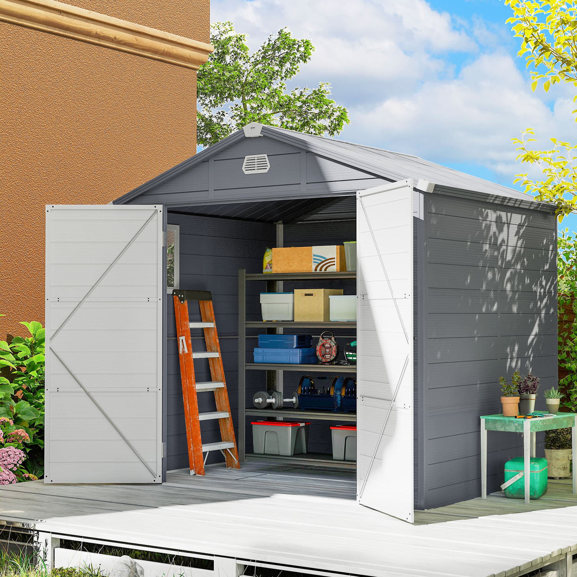 Outsunny 8'x 6' Plastic Garden Shed with Latch Door & Vents, UV-resistant & Waterproof Storage Shed, Dark Grey | Aosom Canada