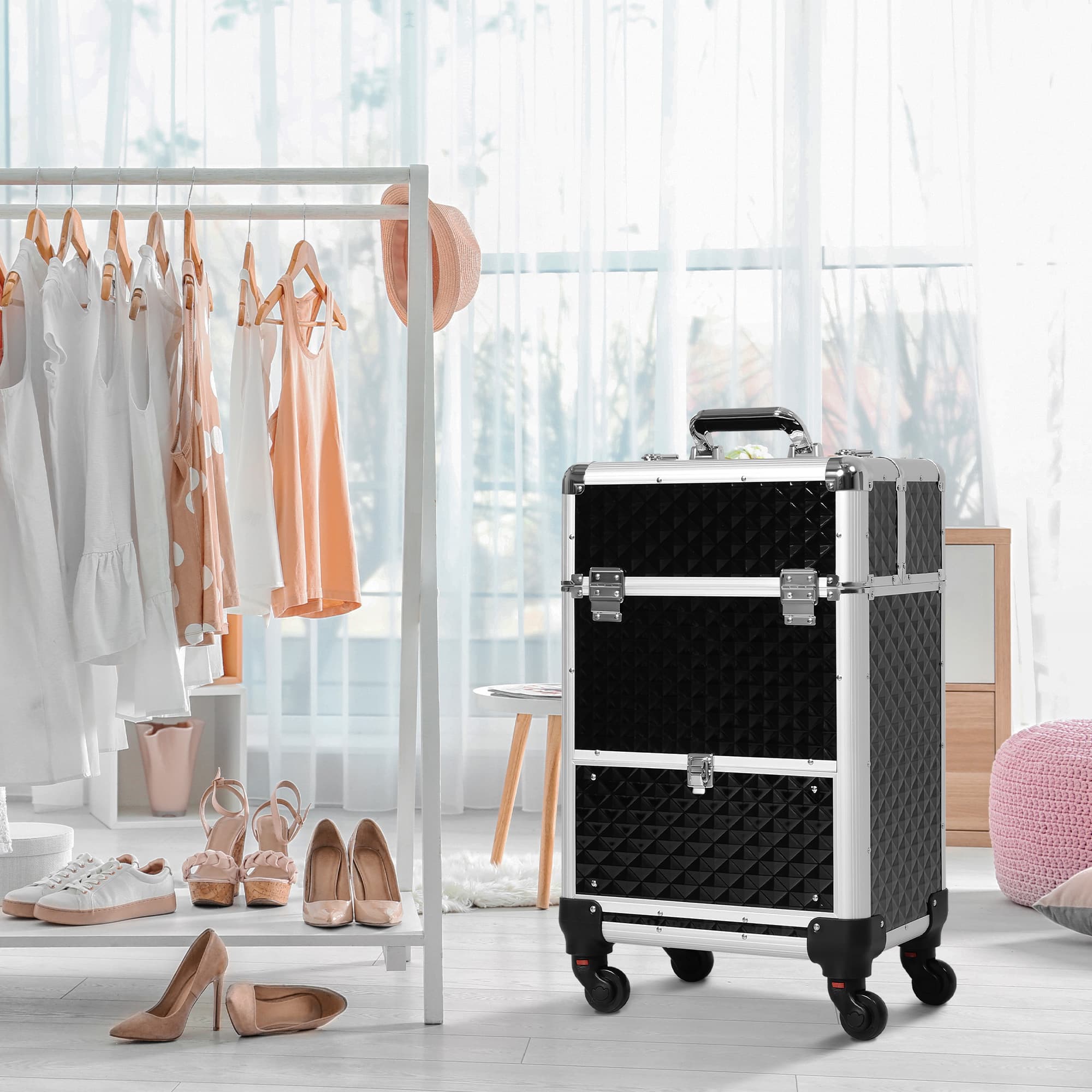 HOMCOM Portable Aluminum Makeup Train Case Rolling Cosmetic Organizer Trolley Salon Beauty Black with 4 Wheels | Aosom Canada