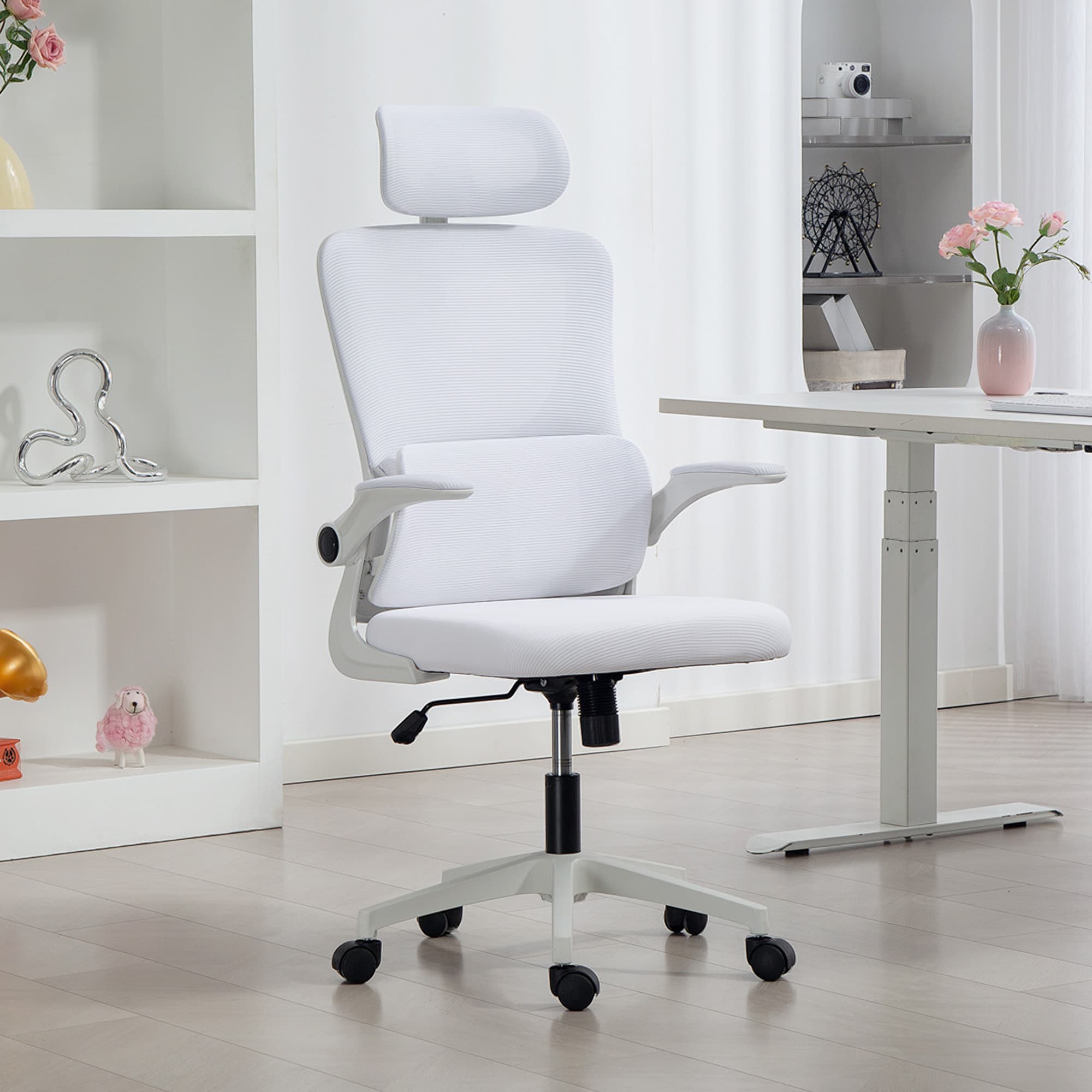 Vinsetto High Back Office Chair, Mesh Computer Chair with Rotatable Headrest, Lumbar Back Support, Adjustable Height, Cream White | Aosom Canada