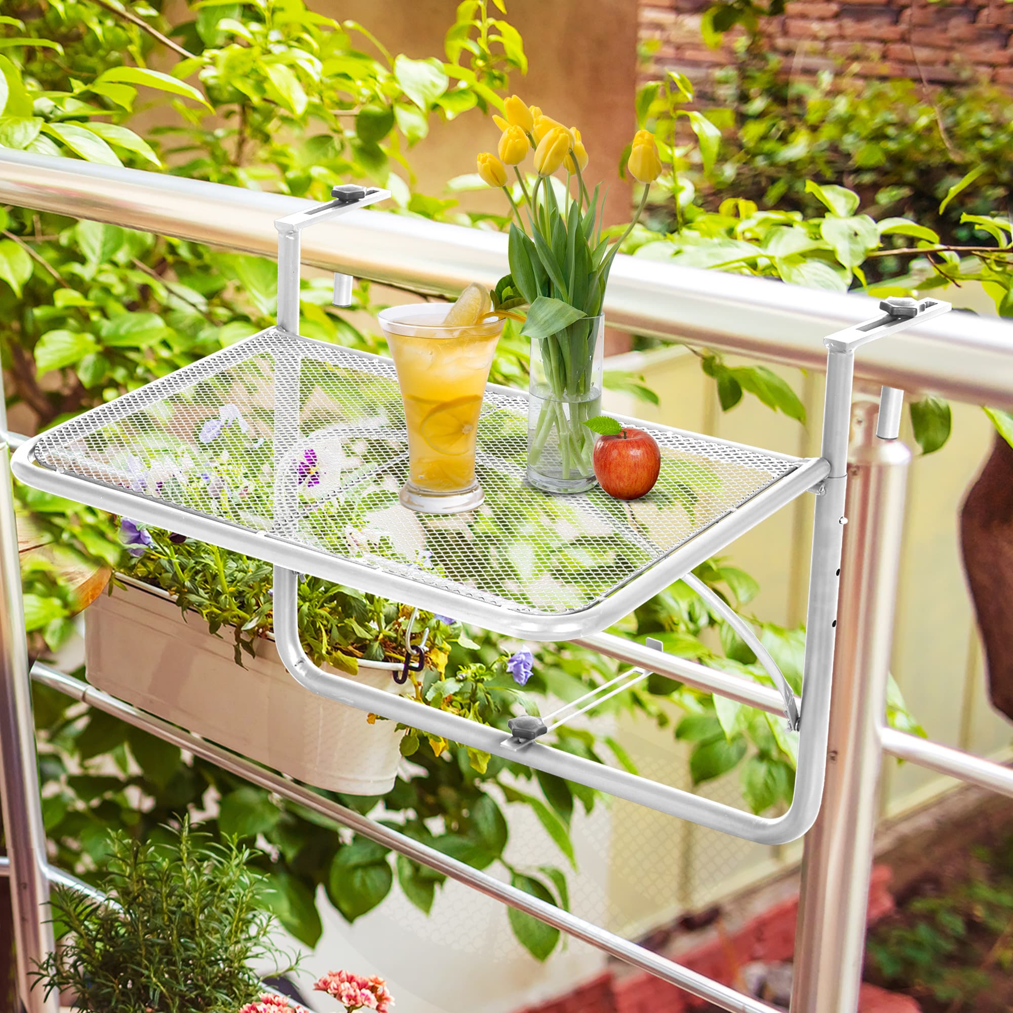 Outsunny Adjustable Balcony Hanging Rail Table Metal Mounting Mini Wall Desk Outdoor Flower Stand Serving Table, White | Aosom Canada