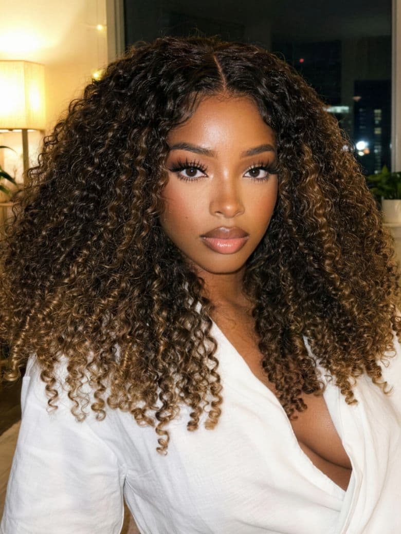 Summer Color 7x5 Bye Bye Slip™ Glueless Lace Black to Chestnut Brown Ombre Burmese Curly With Finger Coil Ends Wig With Drawstring