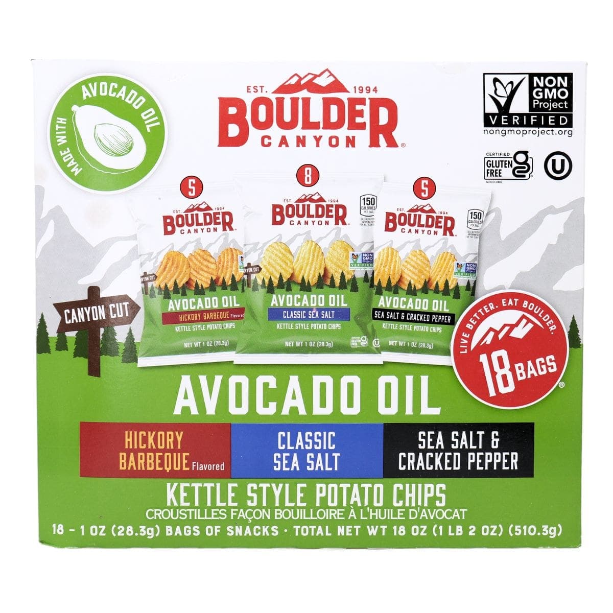 Boulder Canyon Kettle Style Potato Chips With Avocado Oil Variety Pack, 18 Pack