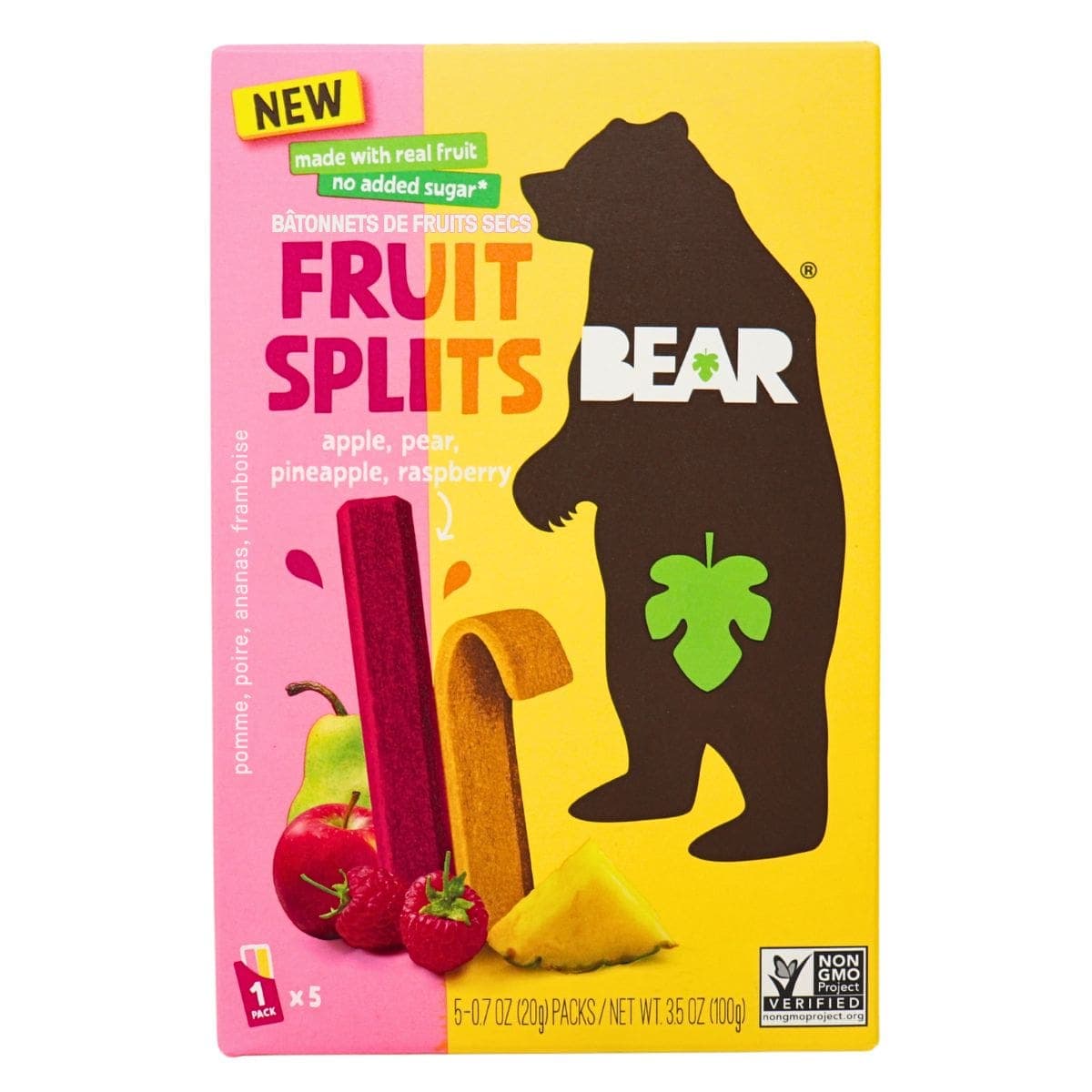 Bear Snacks No Added Sugar Real Fruit Splits Apple Pear Pineapple Raspberry, 5 Pack