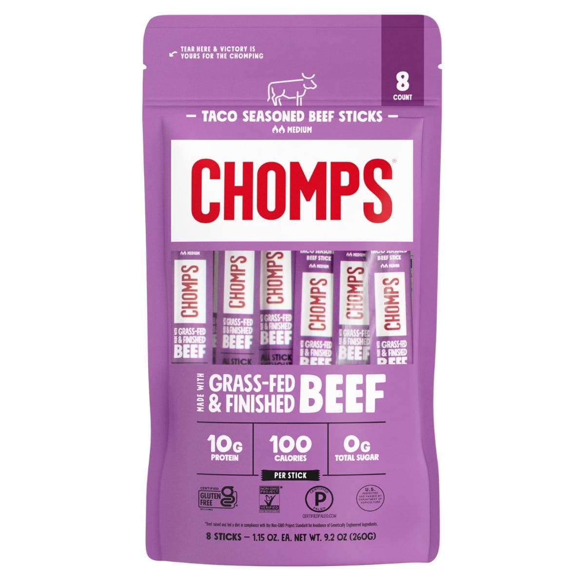 Chomps Grass-Fed Beef Jerky Stick Taco, 8 Sticks