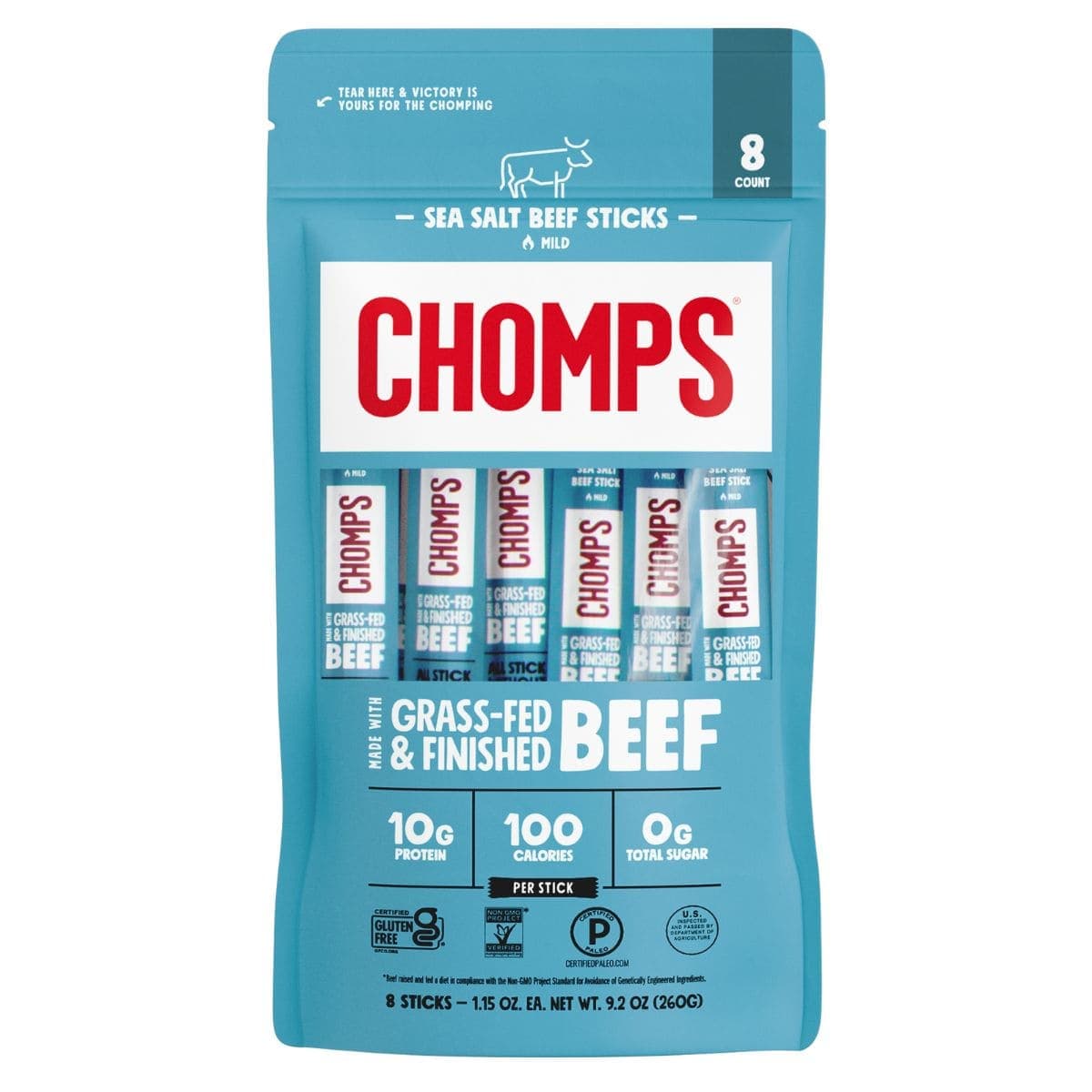 Chomps Grass-Fed Beef Jerky Stick Sea Salt, 8 Sticks