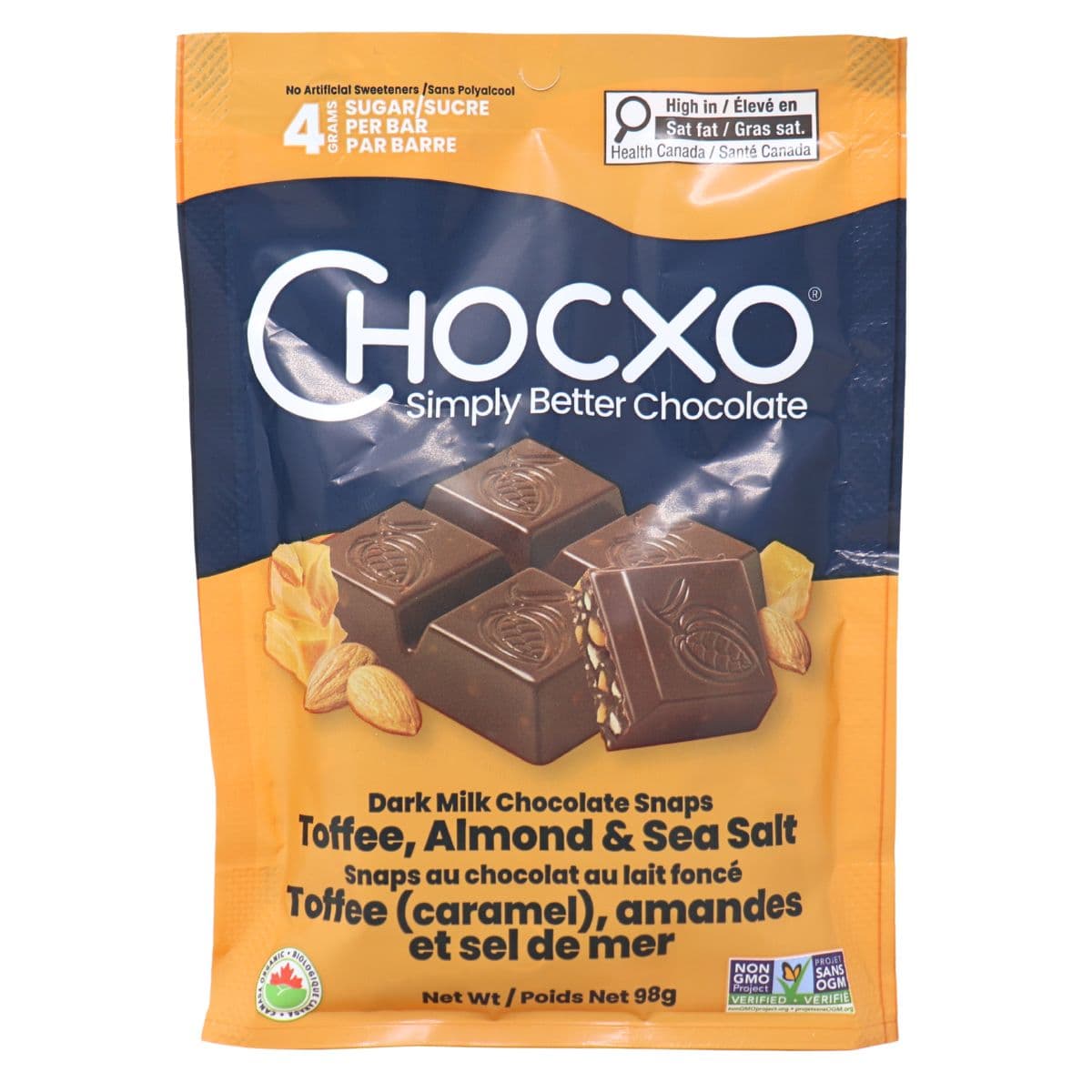 ChocXO Snaps 69% Dark Milk Chocolate Toffee, Almond, & Sea Salt, 98g