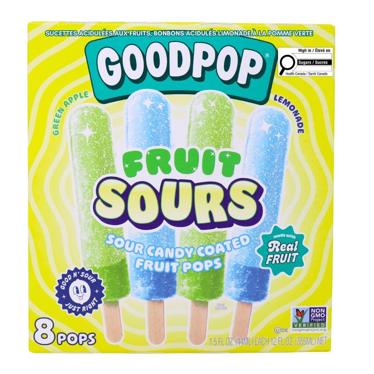 Goodpop Fruit Sours Sour Candy Coated Fruit Pops Green Apple and Lemonade, 8 Pops