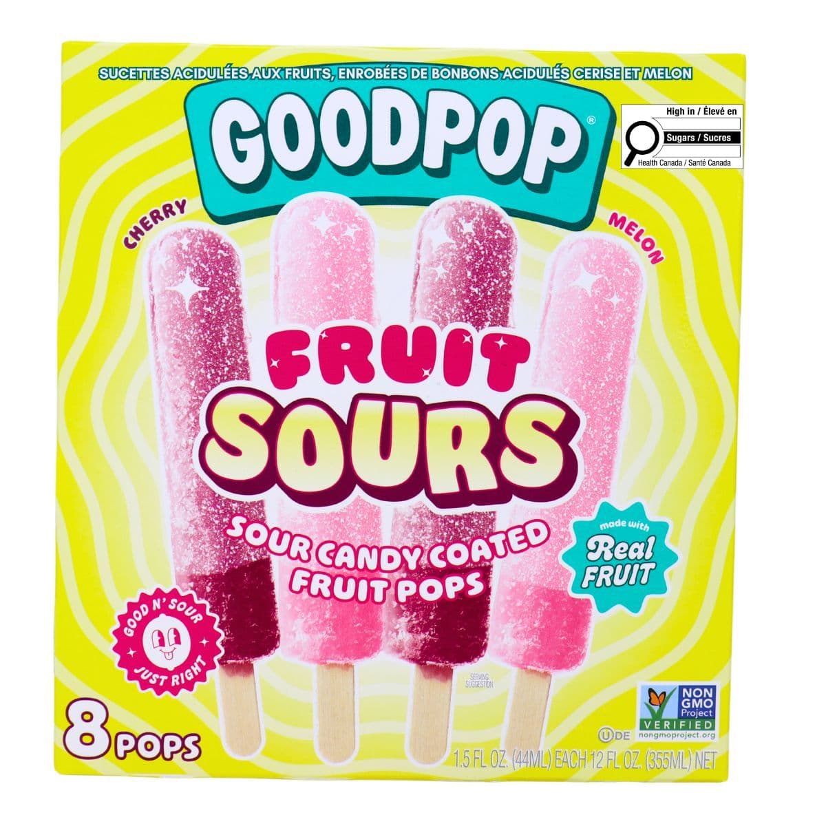 Goodpop Fruit Sours Sour Candy Coated Fruit Pops Cherry and Melon, 8 Pops