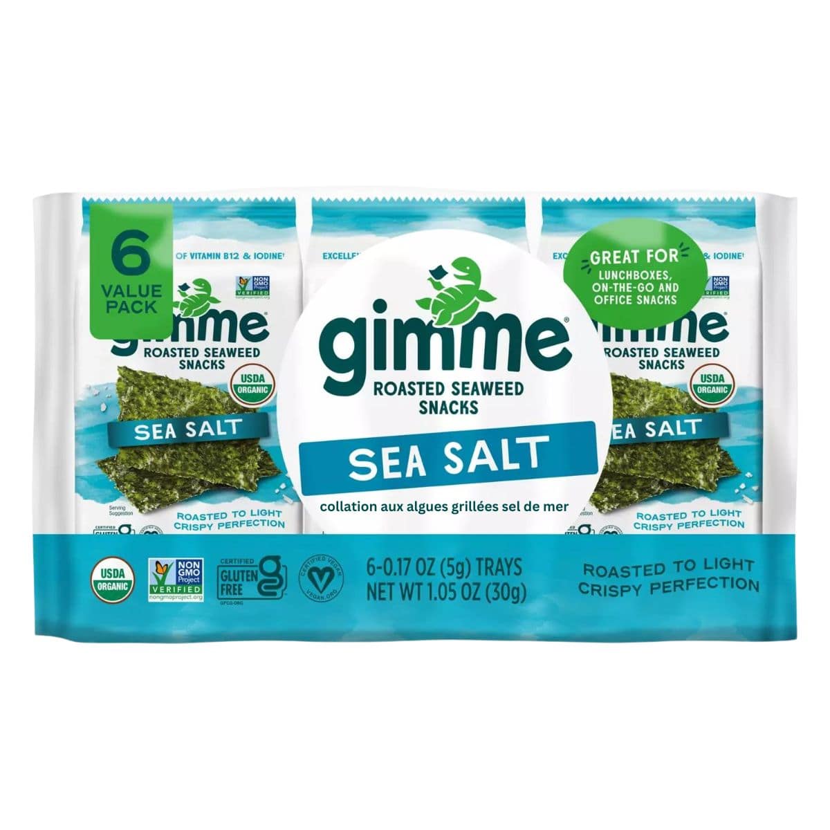 GimMe Organic Roasted Seaweed Snack Value Pack Sea Salt, 6 Packs