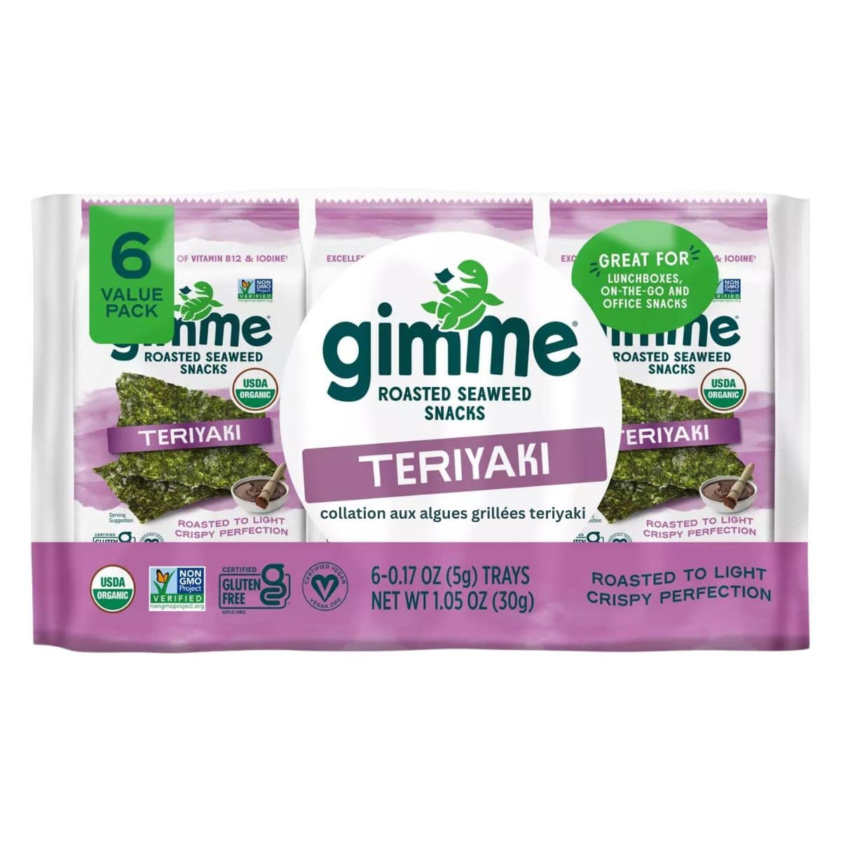 GimMe Organic Roasted Seaweed Snack Value Pack Teriyaki, 6 Packs