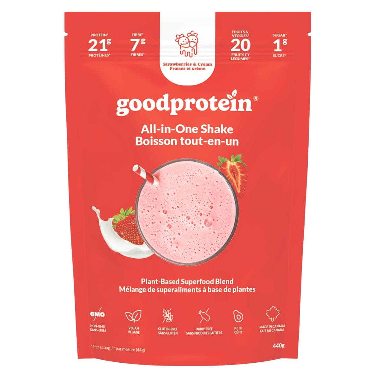 Good Protein All-In-One Shake Plant-Based Superfood Blend Strawberries & Cream, 440g