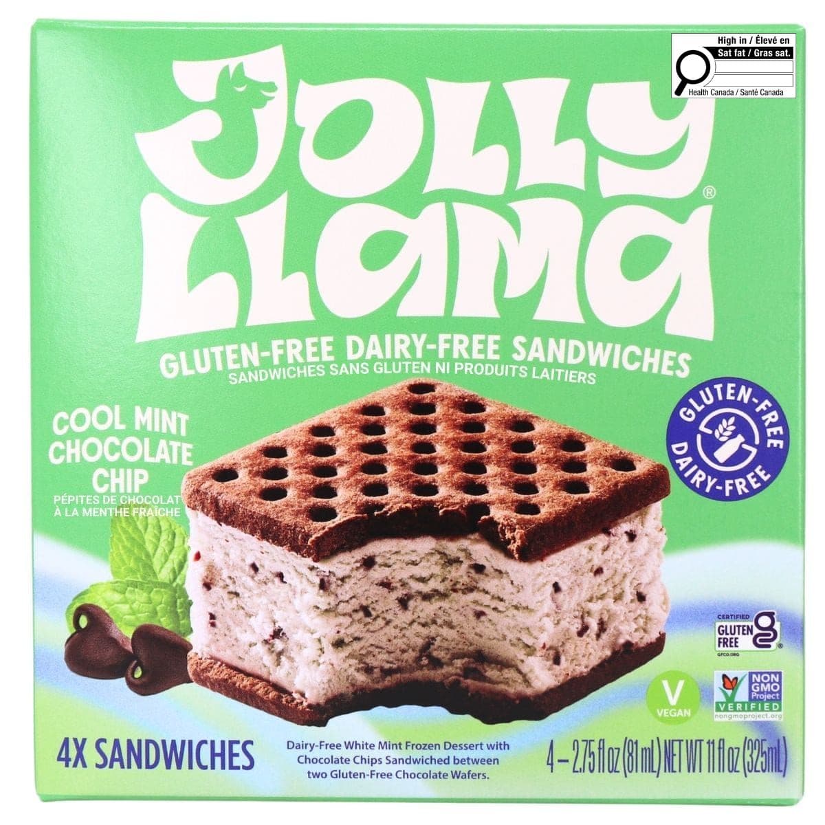 Jolly Llama Gluten & Dairy Free Ice Cream Sandwich Cool Mint Chocolate Chip, 4 Pack