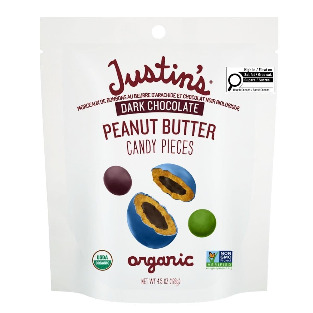 Justin’s Organic Dark Chocolate Peanut Butter Candy Pieces, 128g