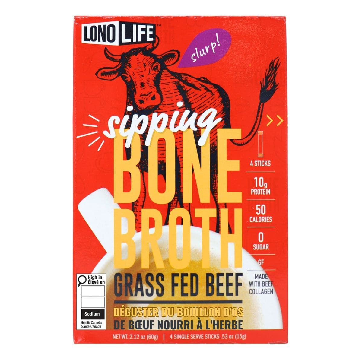 LonoLife Grass-Fed Beef Sipping Bone Broth Single Serve Stick Packs, 4 Sticks
