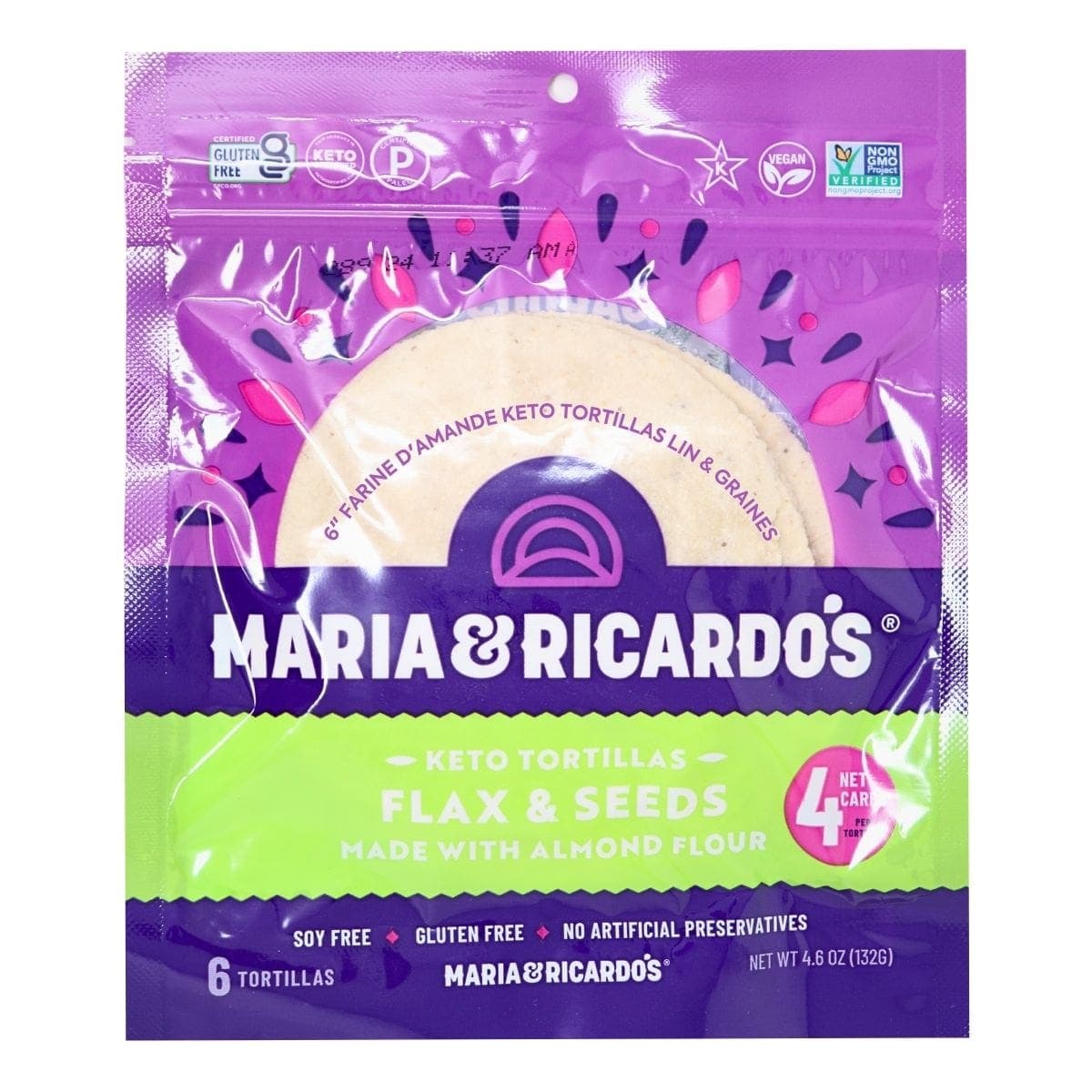 Maria & Ricardo's 6" Almond Flour Keto Tortillas Flax & Seeds, Pack of 6