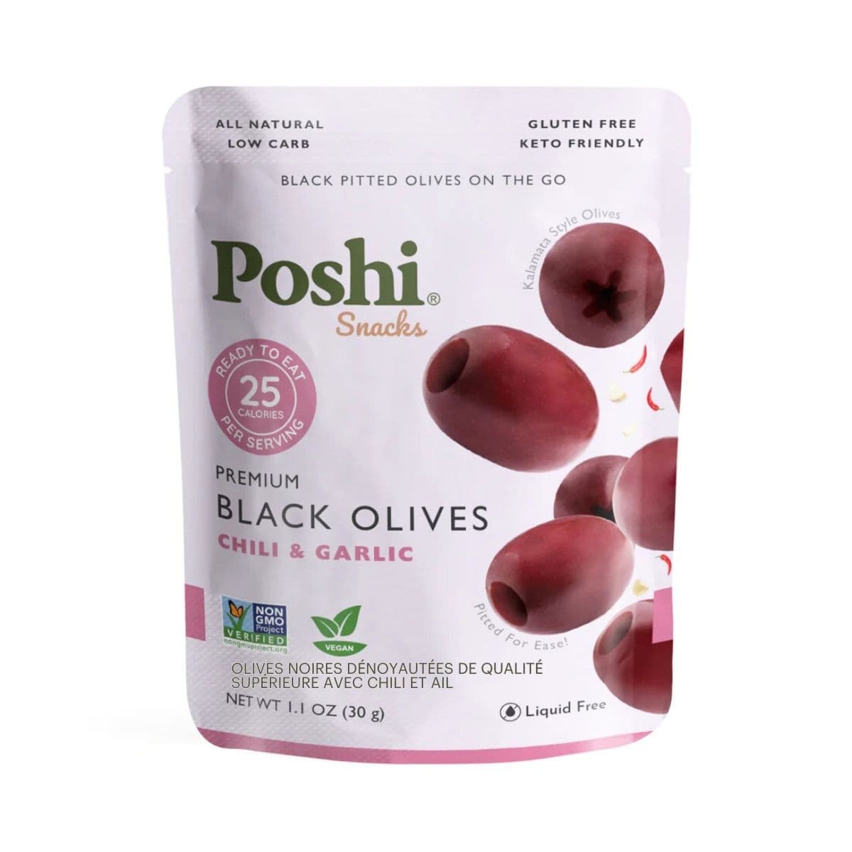 Poshi Premium Black Pitted Olives with Chili & Garlic, 30g