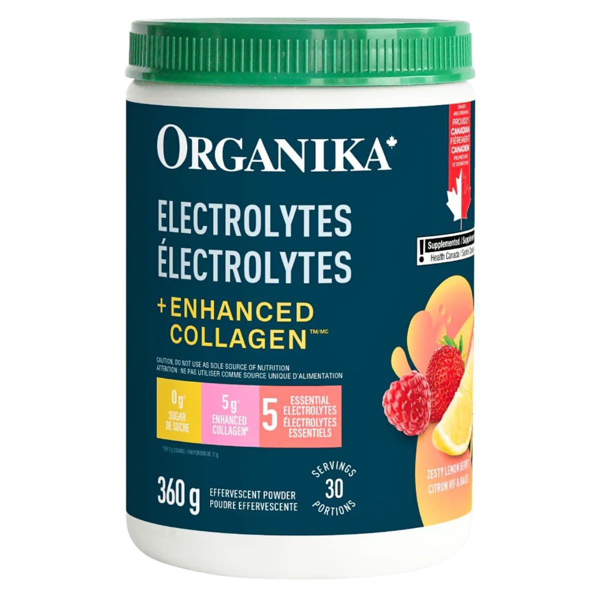 Organika Sugar-Free Effervescent Powder Electrolytes + Enhanced Collagen Zesty Lemon Berry, 360g