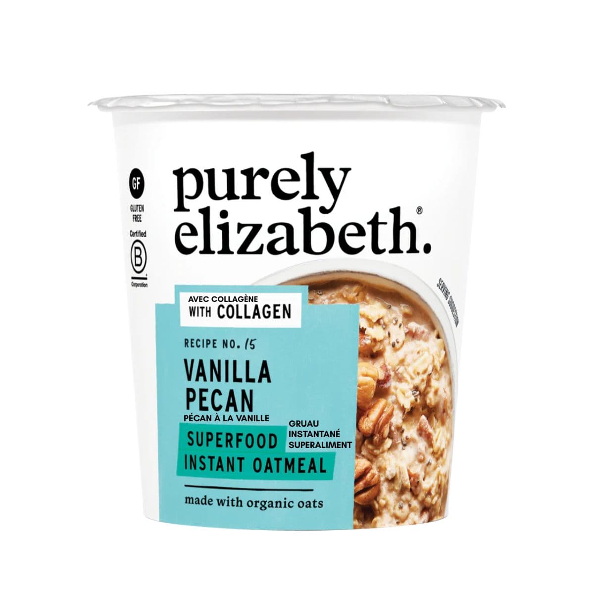 Purely Elizabeth Gluten-Free Instant Superfood Oatmeal Cup Vanilla Pecan with Collagen, 58 g