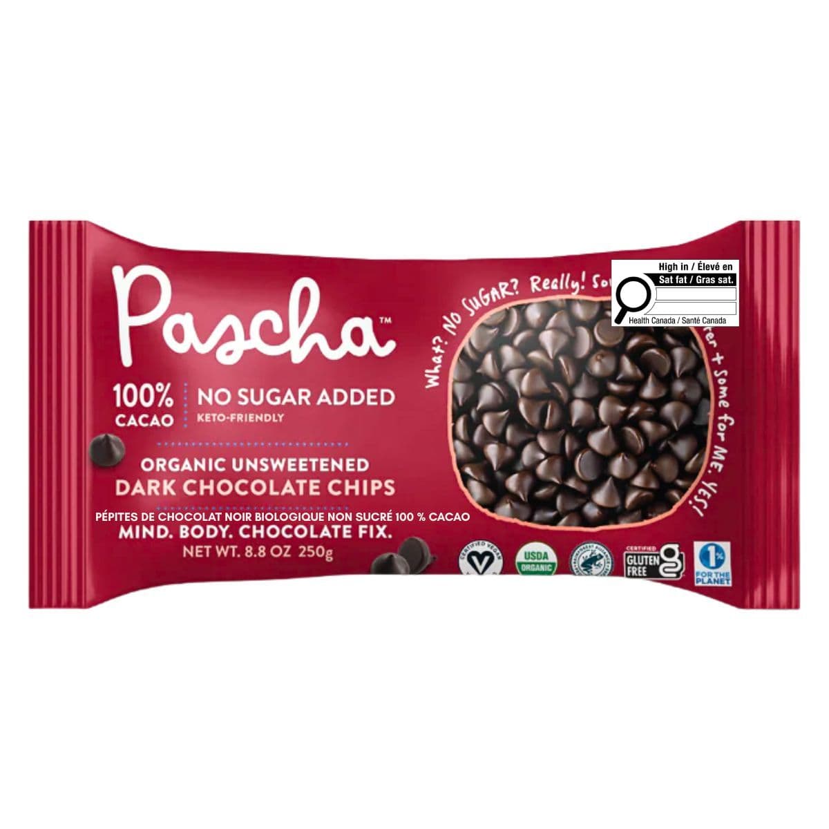 Pascha 100% Cacao Organic Unsweetened Dark Chocolate Chips, 250g