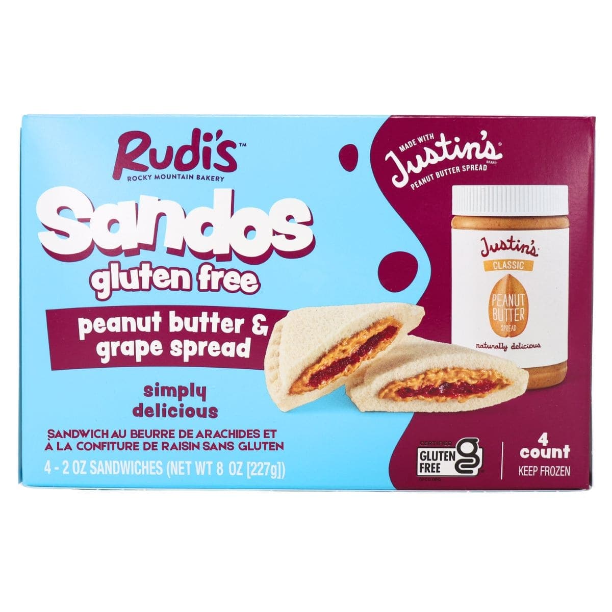 Rudi’s Gluten Free Crustless Sandos Justin’s Peanut Butter & Grape Spread, 4 Sandos