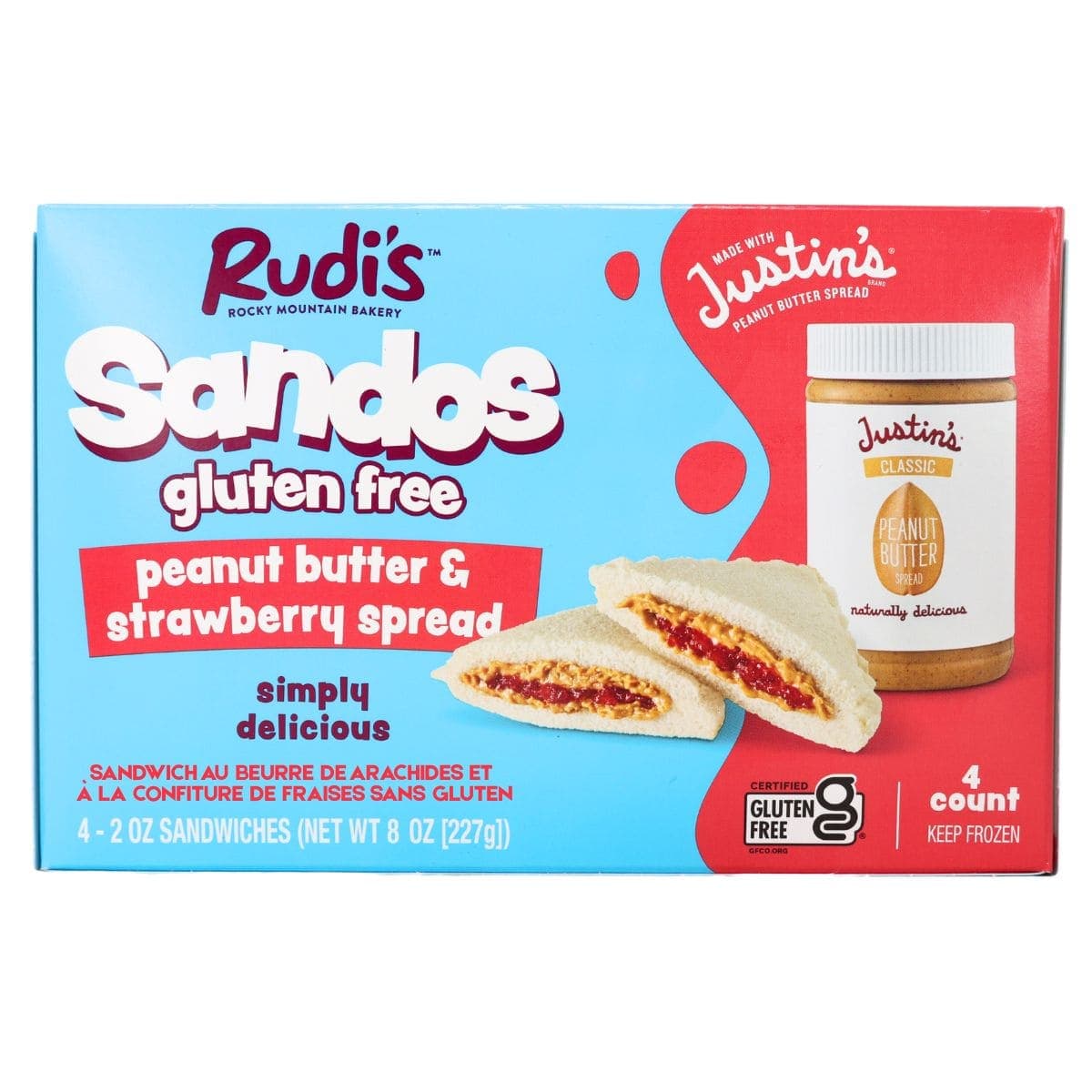 Rudi’s Gluten Free Crustless Sandos Justin’s Peanut Butter & Strawberry Spread, 4 Sandos