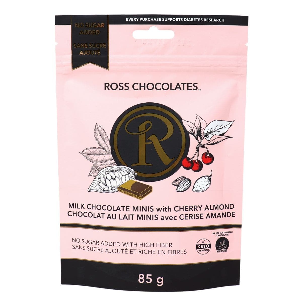 Ross Chocolates No Sugar Added Milk Chocolate Minis With Cherry Almond, 85g