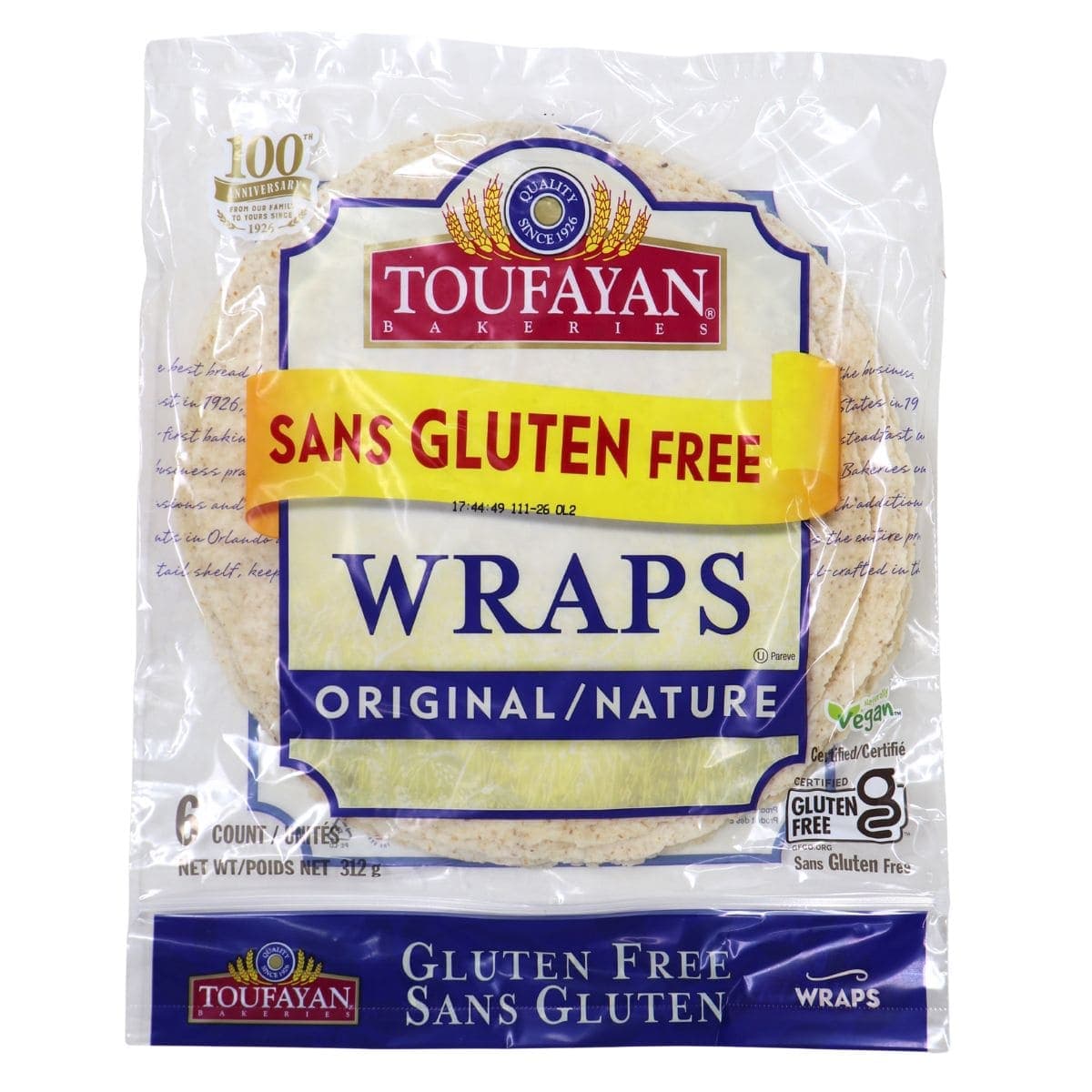 Toufayan Bakeries 9” Gluten Free Wraps Original, 6 Wraps