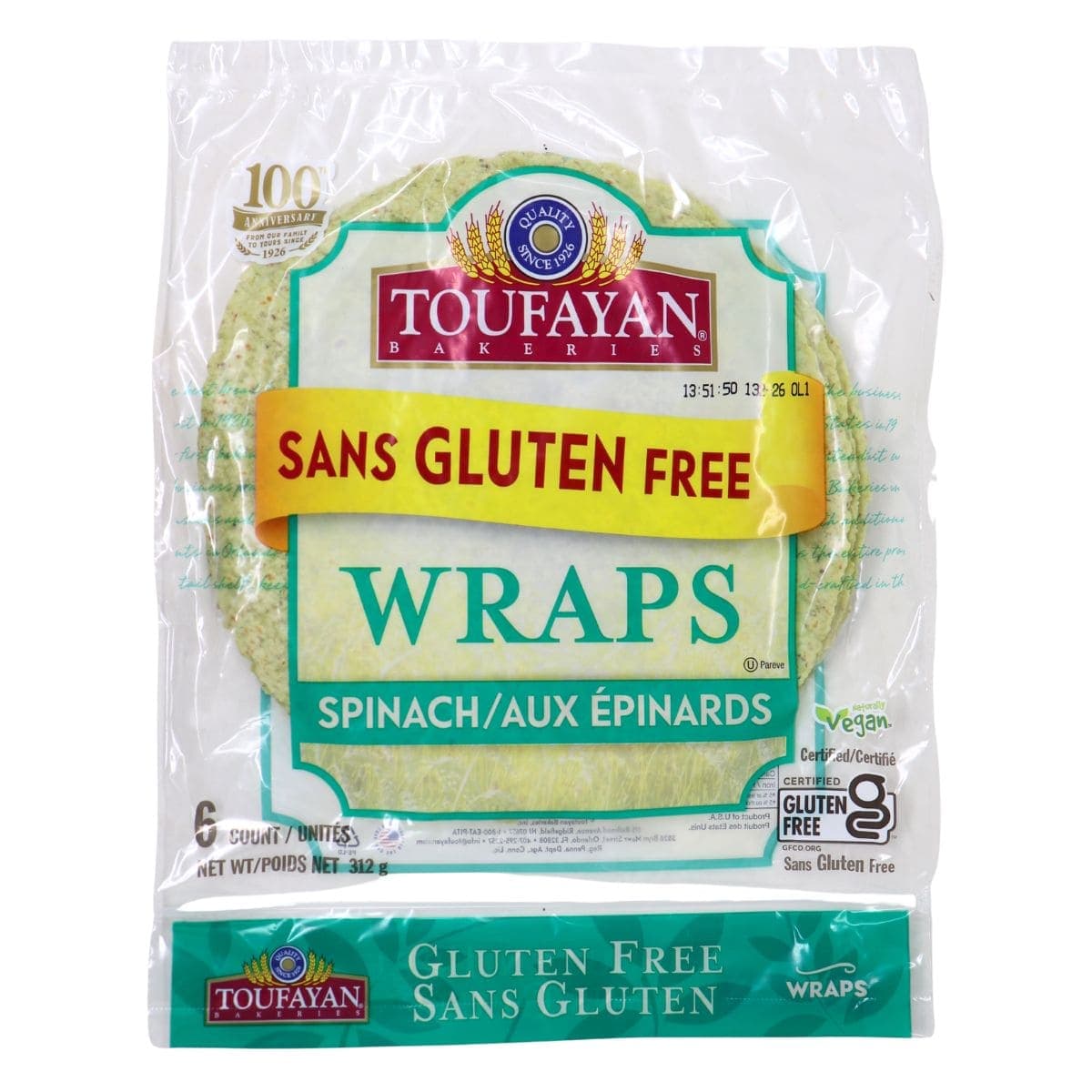 Toufayan Bakeries 9β Gluten Free Wraps Spinach, 6 Wraps