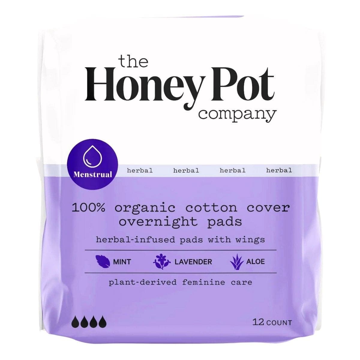 The Honey Pot Herbal-Infused Organic Cotton Pads With Wings Overnight, 12 Count