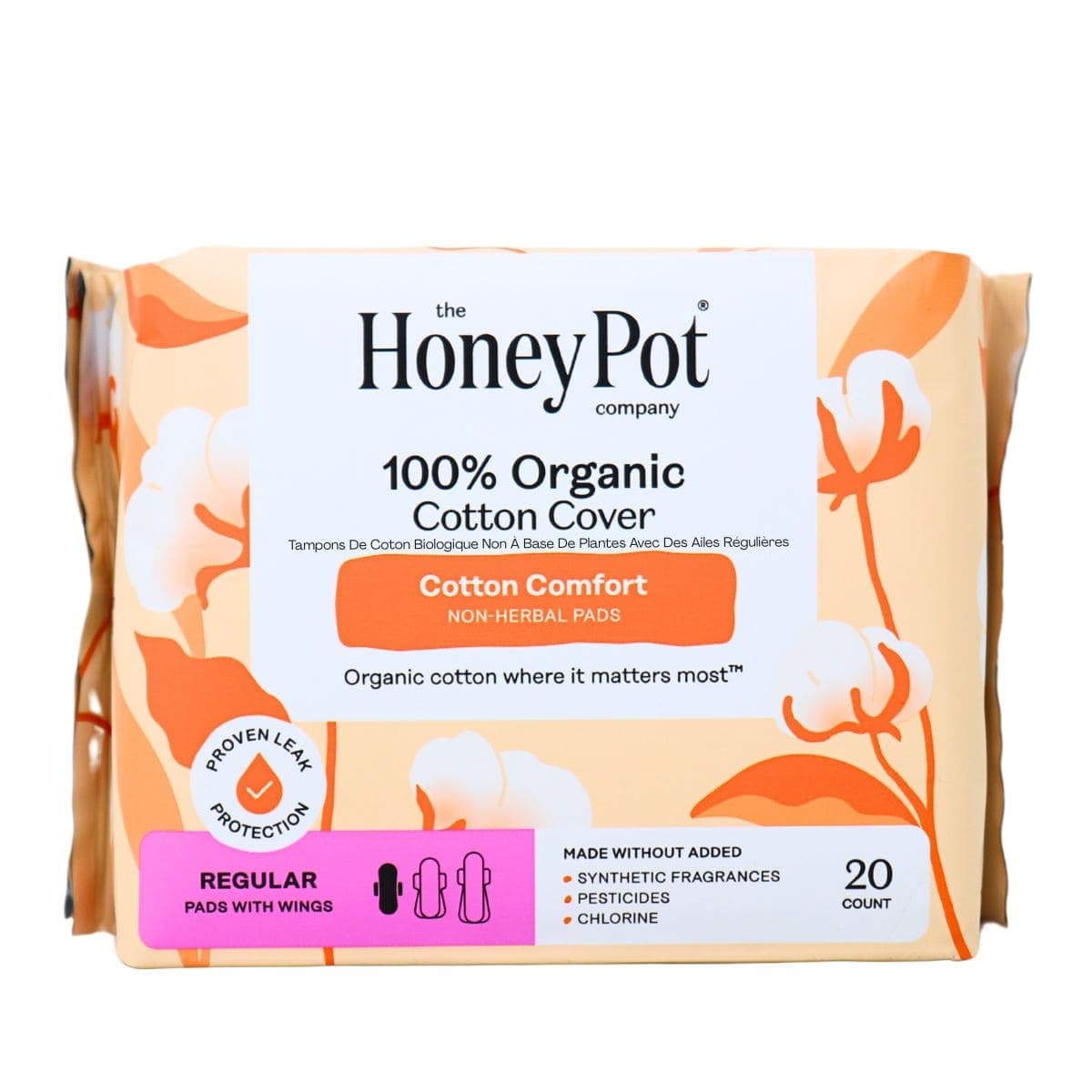The Honey Pot Non-Herbal Organic Cotton Pads With Wings Regular, 20 Count