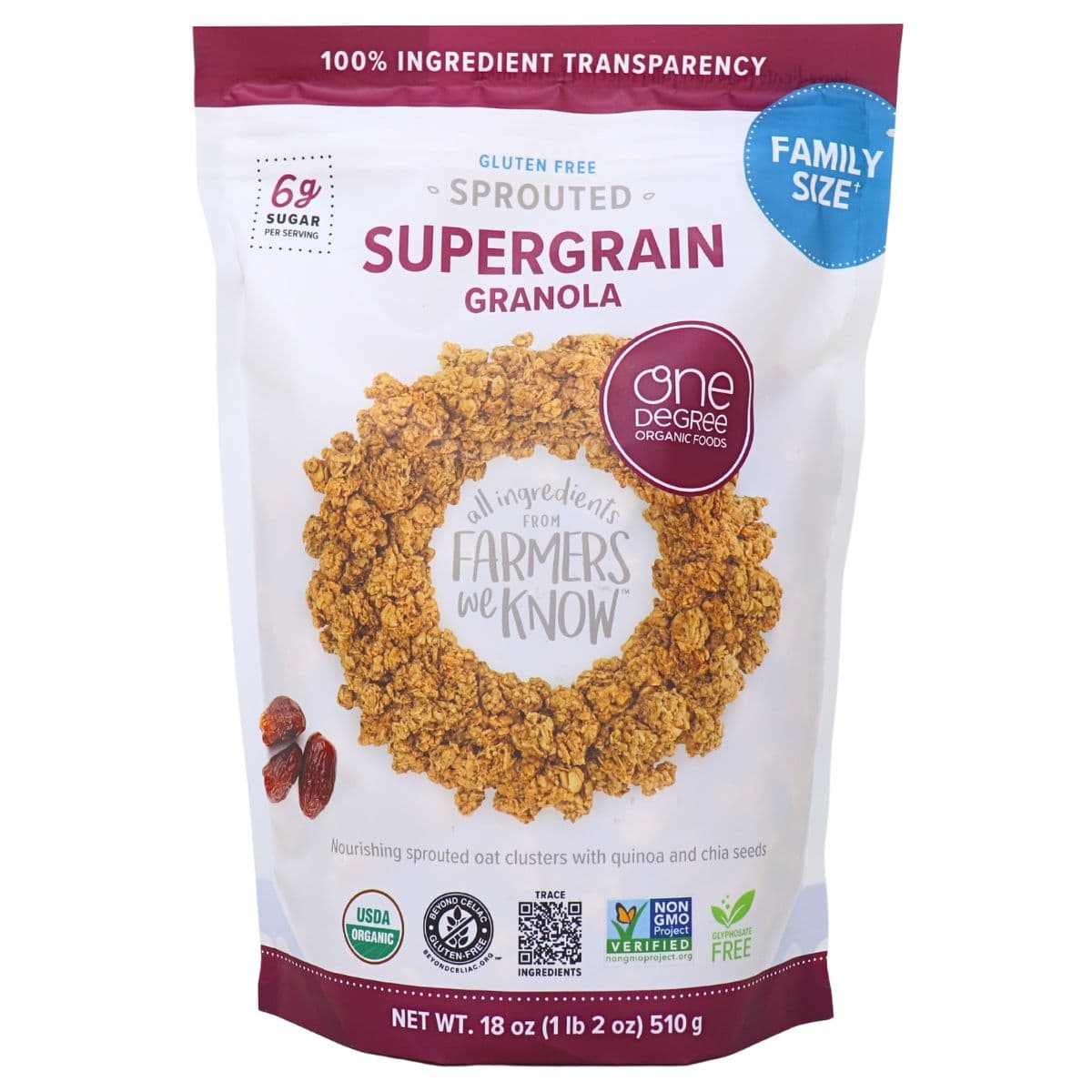One Degree Organic Foods Family Size Gluten-Free Sprouted Granola Supergrain, 510g
